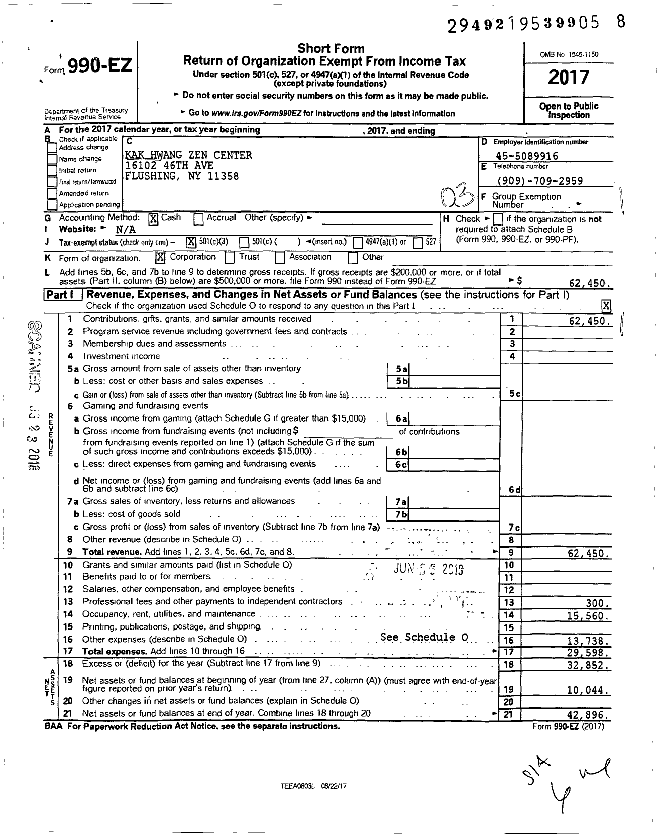 Image of first page of 2017 Form 990EZ for Kak Hwang Zen Center