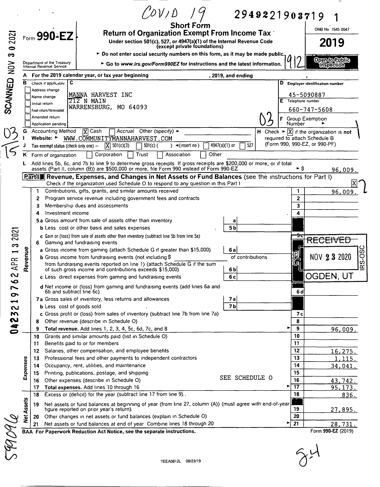 Image of first page of 2019 Form 990EZ for Manna Harvest