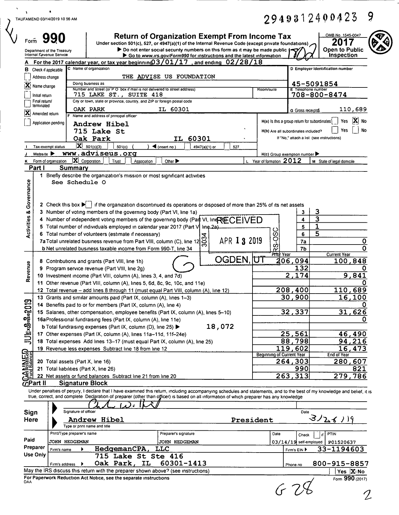Image of first page of 2017 Form 990 for The Advise Us Foundation