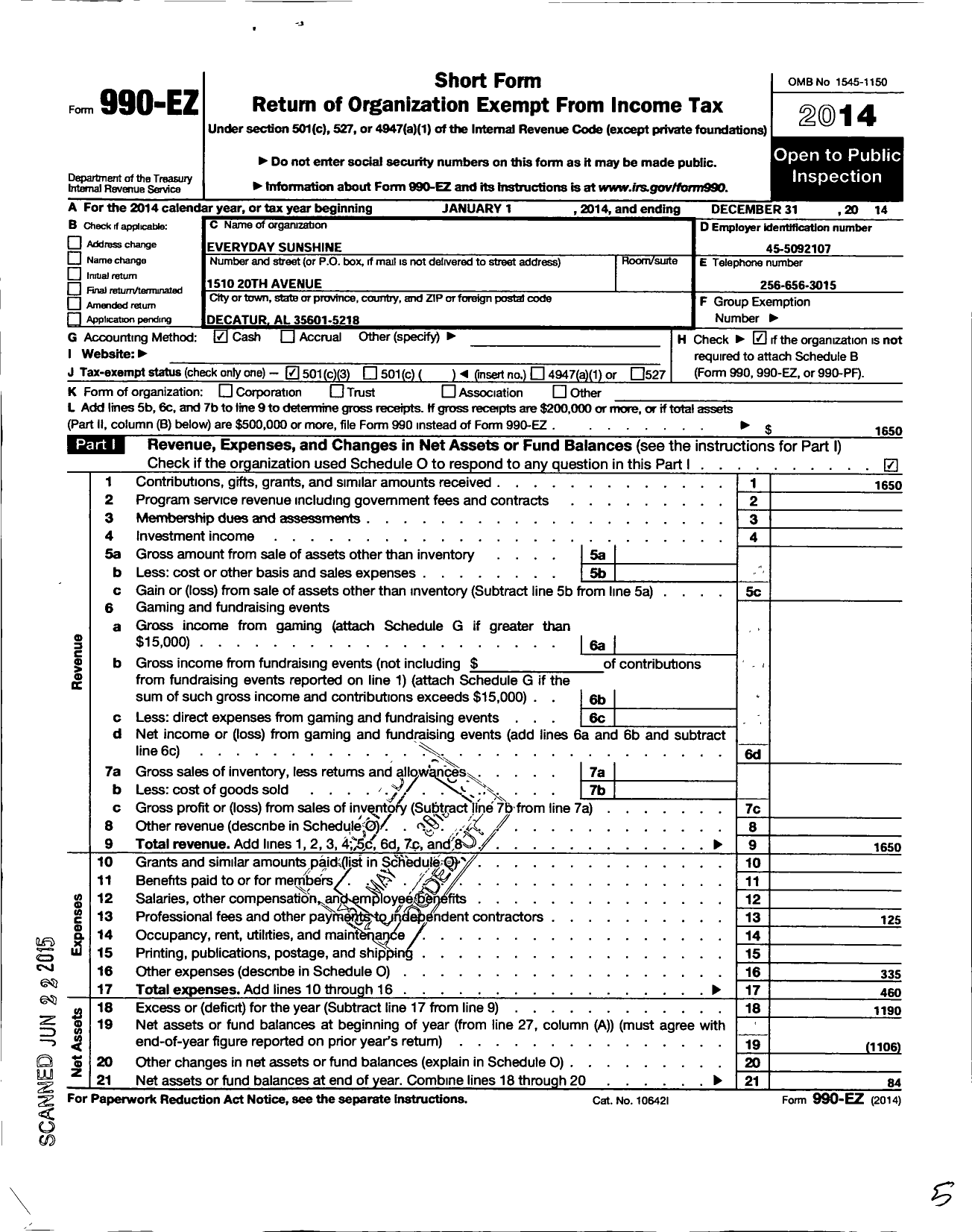 Image of first page of 2014 Form 990EZ for Everyday Sunshine