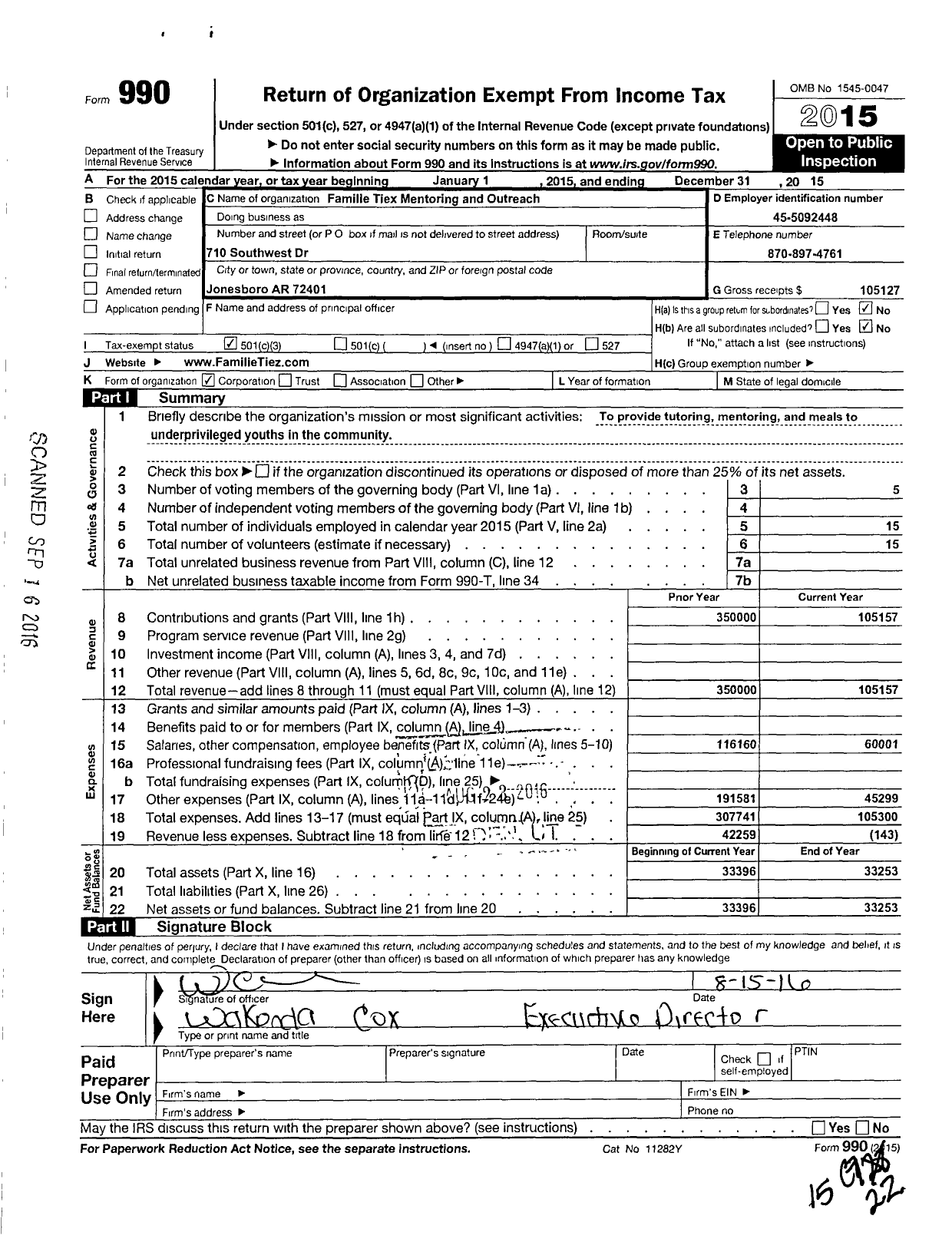 Image of first page of 2015 Form 990 for Familie Tiez Mentoring and Outreach