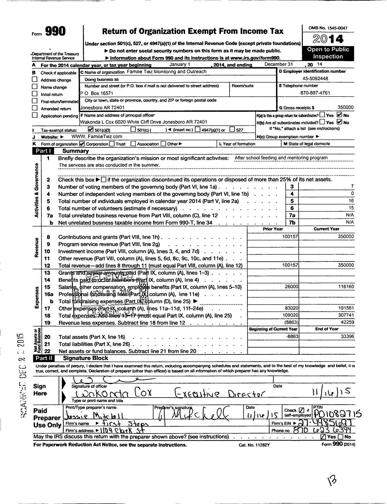 Image of first page of 2014 Form 990 for Familie Tiez Mentoring and Outreach