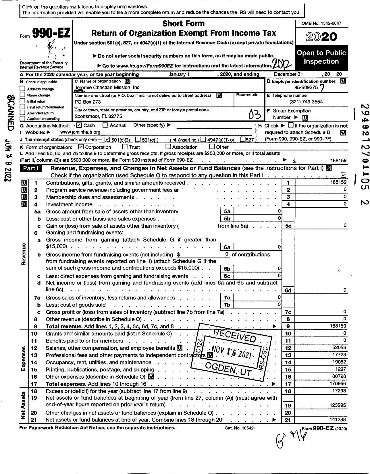 Image of first page of 2020 Form 990EZ for Jeremie Christian Mission