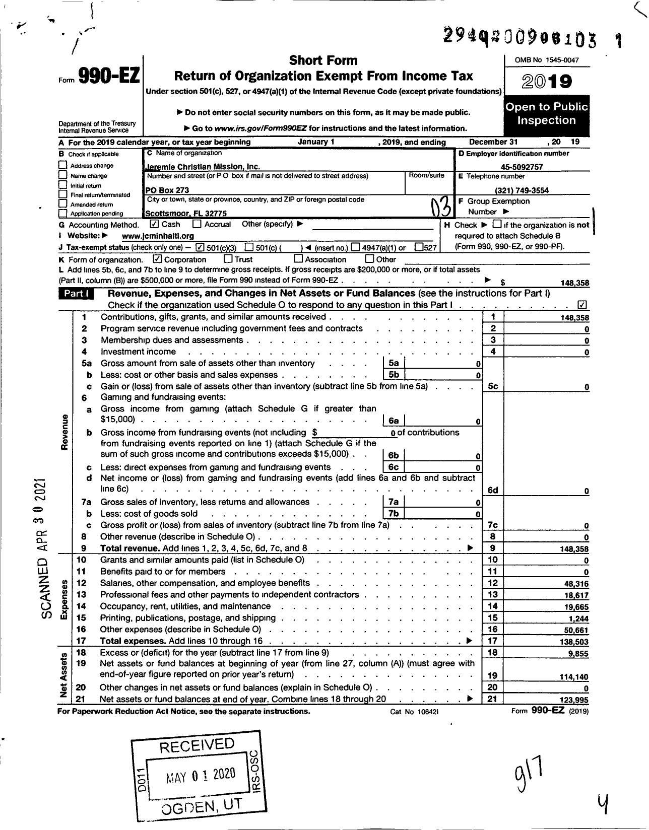 Image of first page of 2019 Form 990EZ for Jeremie Christian Mission