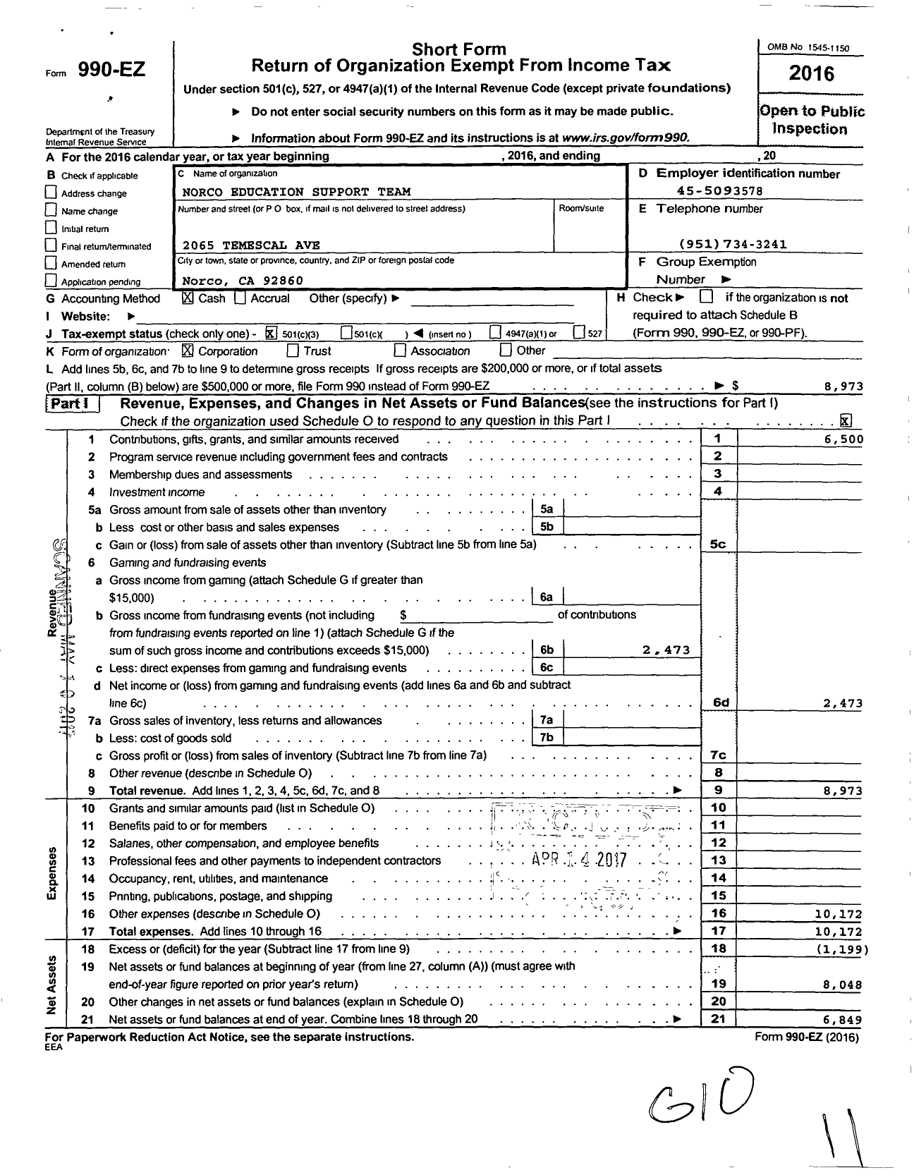 Image of first page of 2016 Form 990EZ for Norco Educational Support Team