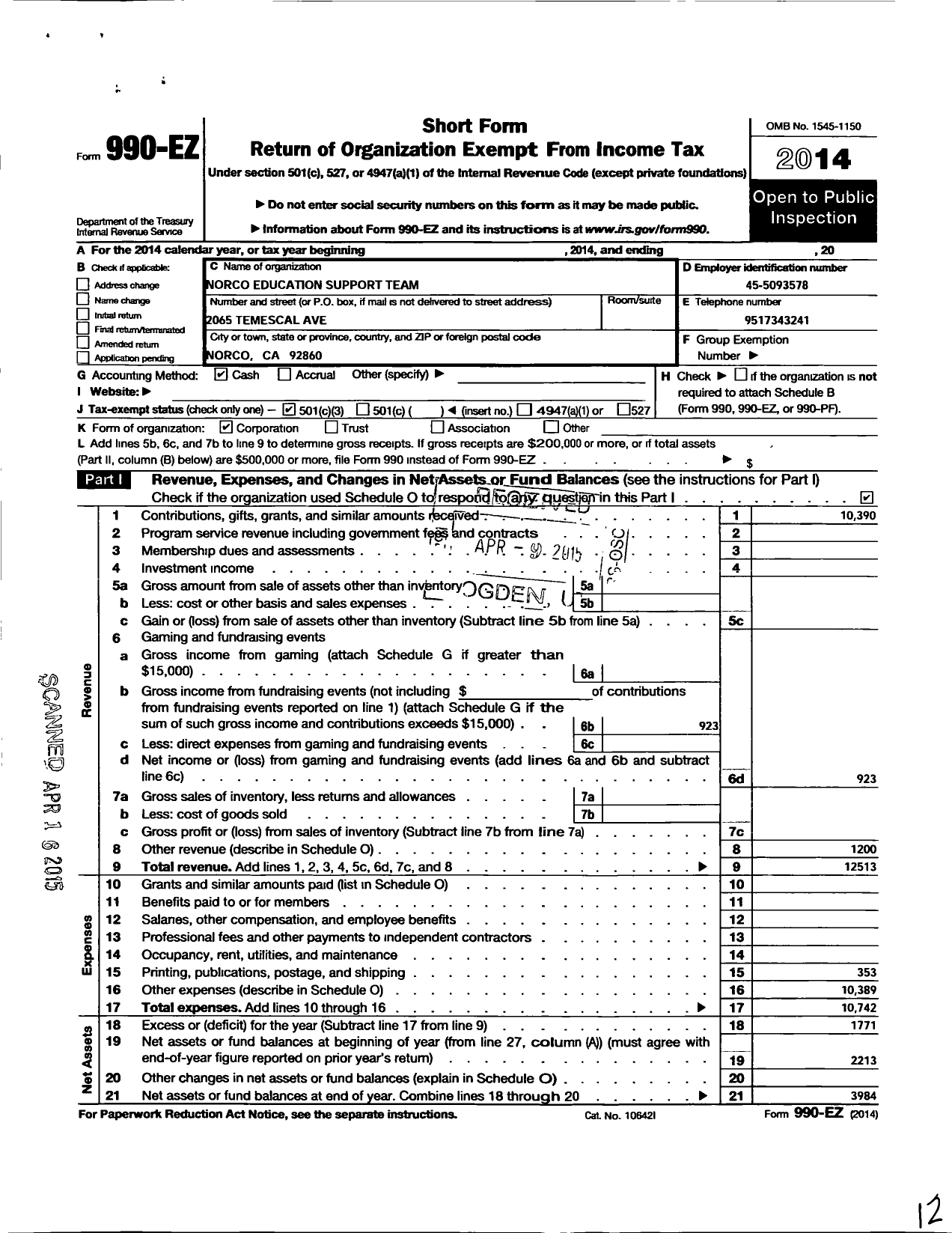 Image of first page of 2014 Form 990EZ for Norco Educational Support Team