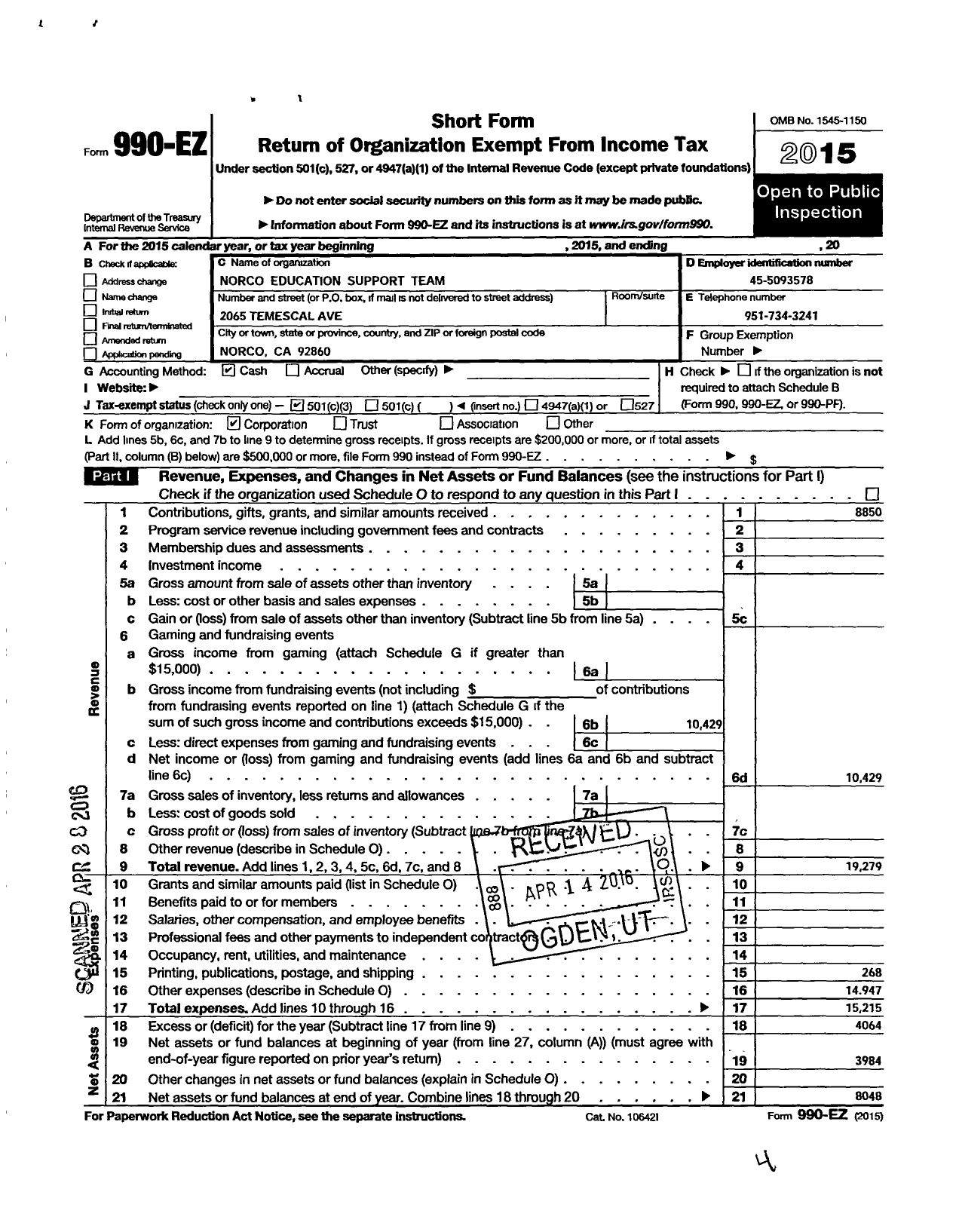 Image of first page of 2015 Form 990EZ for Norco Educational Support Team