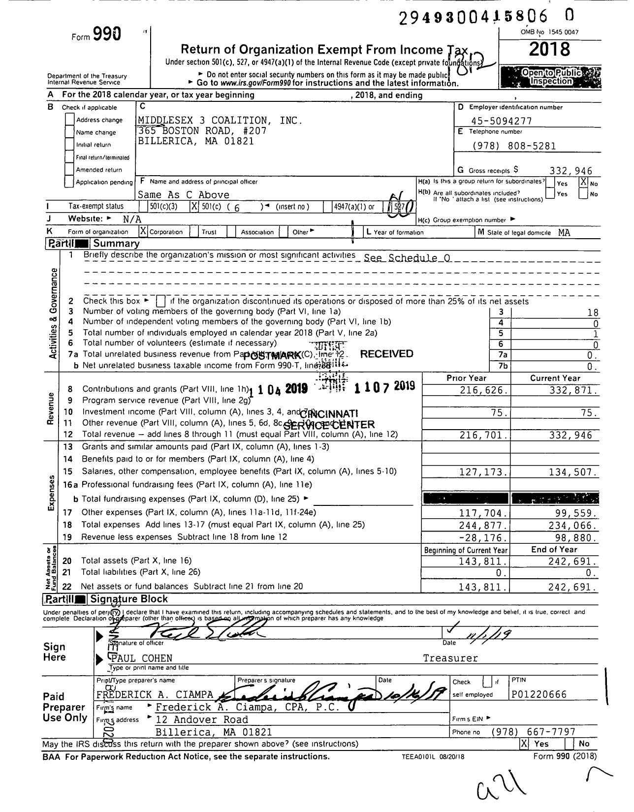 Image of first page of 2018 Form 990O for Middlesex 3 Coalition