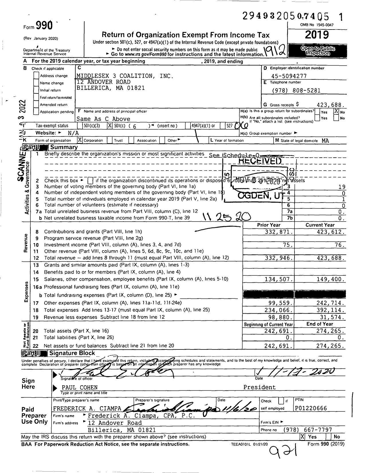 Image of first page of 2019 Form 990O for Middlesex 3 Coalition