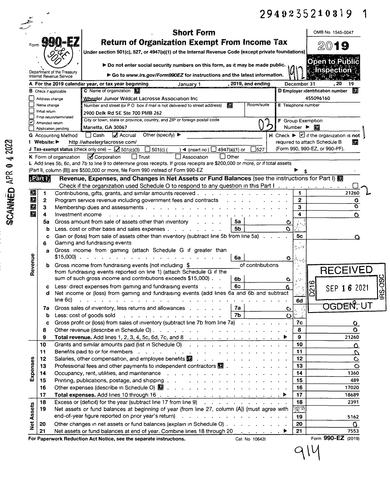 Image of first page of 2019 Form 990EZ for Wheeler Junior Lacrosse Association