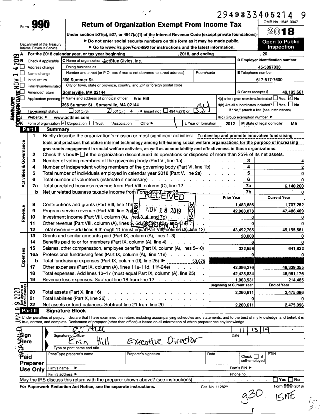 Image of first page of 2018 Form 990O for ActBlue