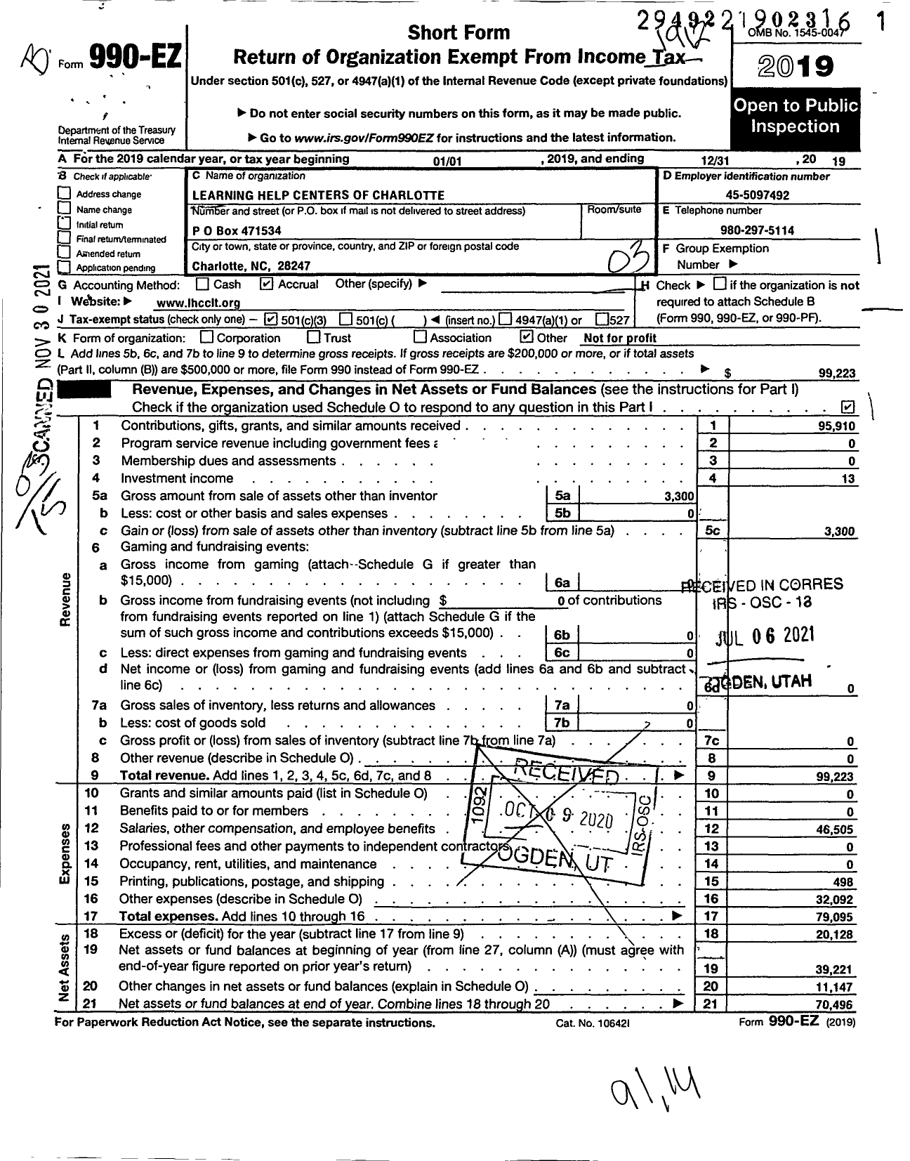 Image of first page of 2019 Form 990EZ for Learning Help Centers of Charlotte