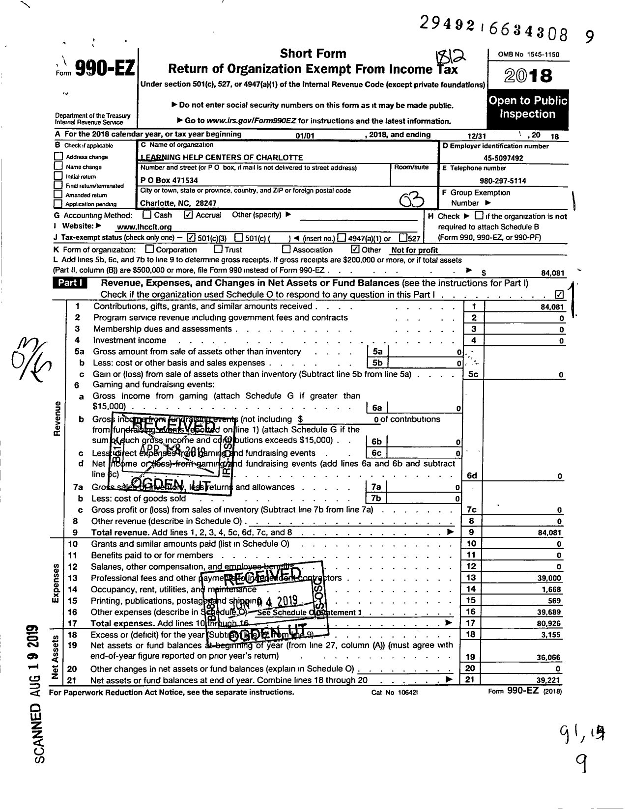 Image of first page of 2018 Form 990EZ for Learning Help Centers of Charlotte