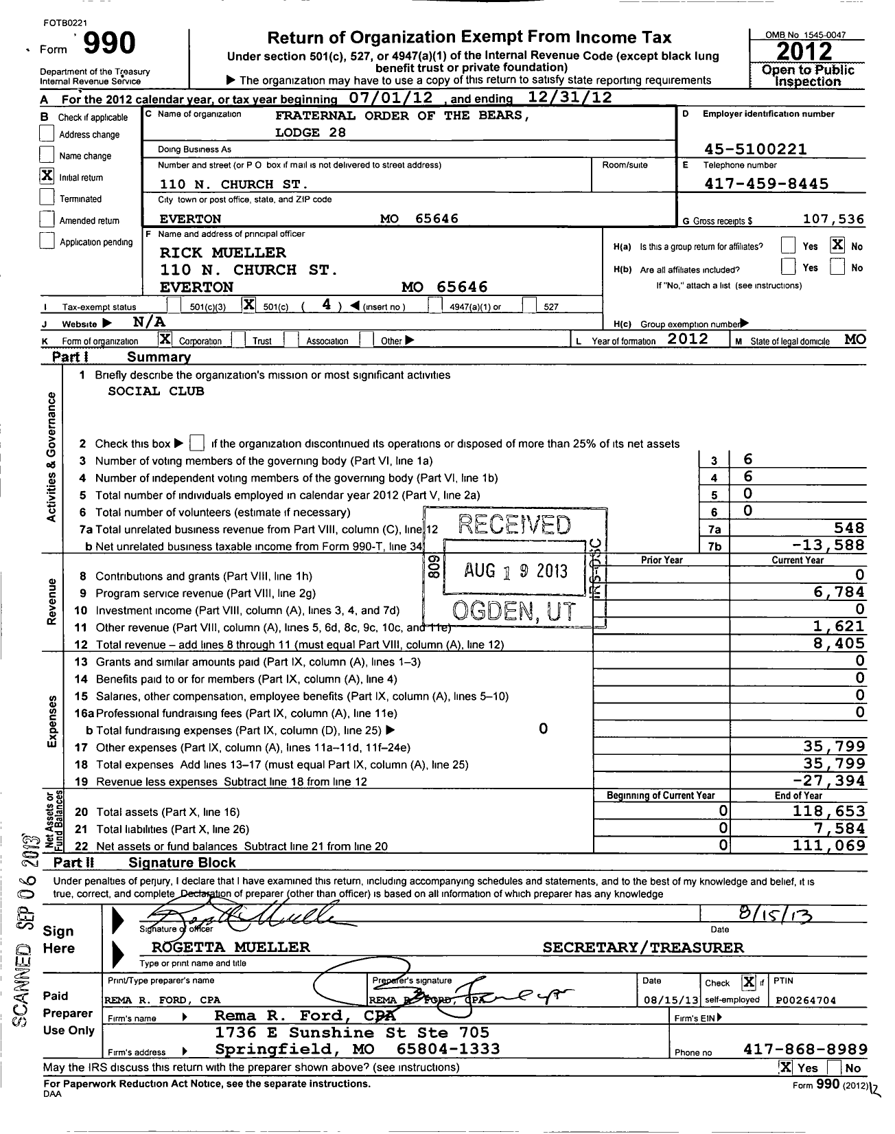 Image of first page of 2012 Form 990O for Fraternal Order of the Bears - 28 Fraternal Order of the Bears