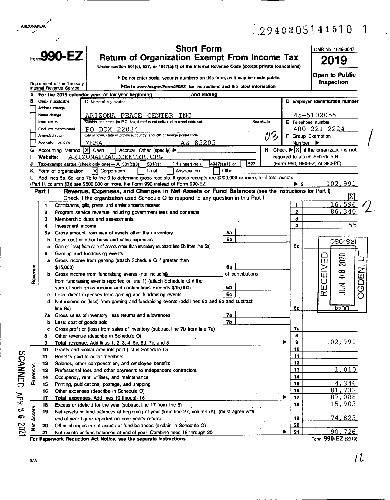 Image of first page of 2019 Form 990EZ for Arizona Peace Center