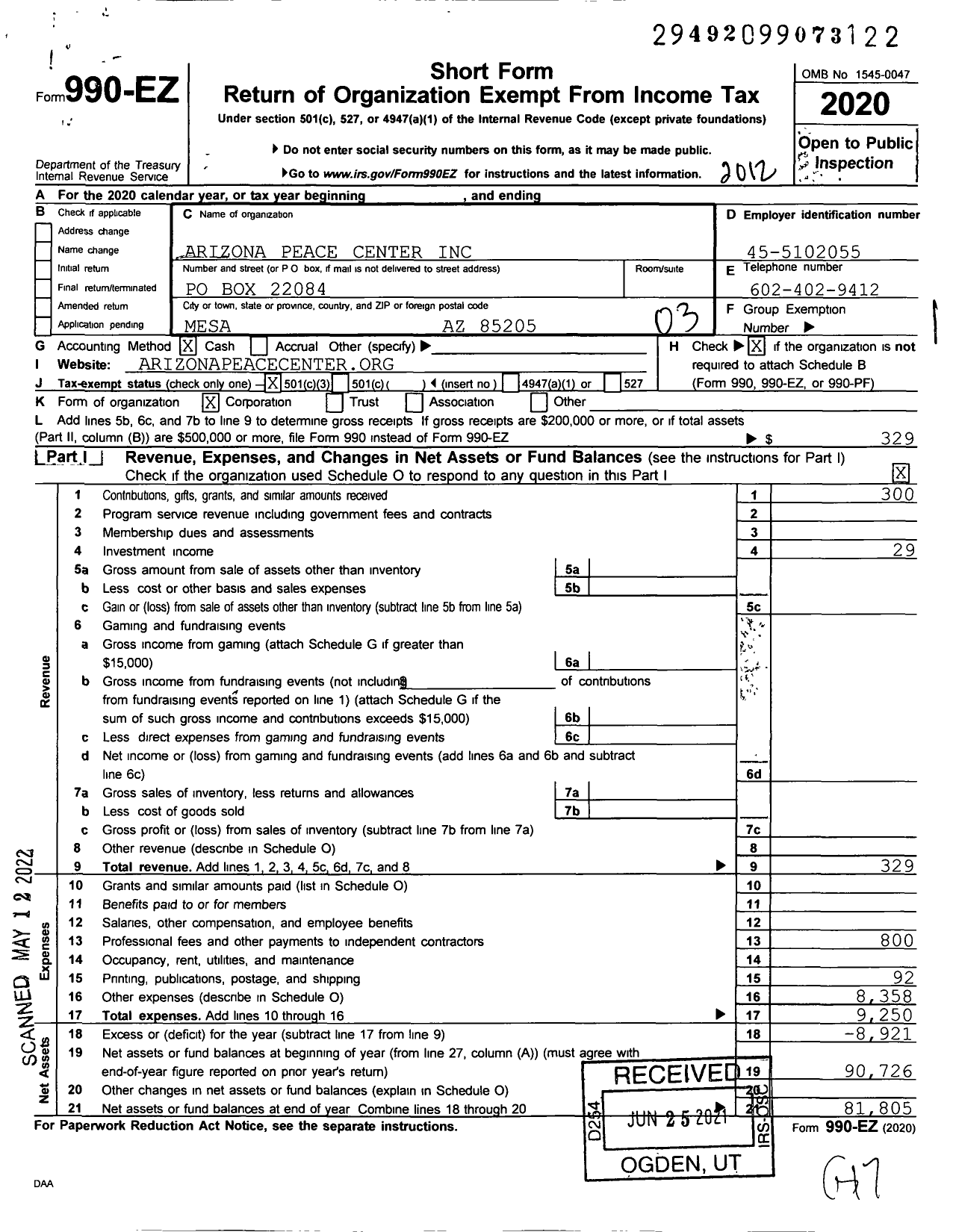 Image of first page of 2020 Form 990EZ for Arizona Peace Center