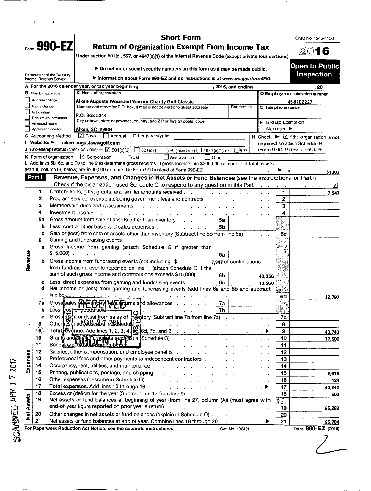 Image of first page of 2016 Form 990EZ for Aiken-Augusta Wounded Warrior Charity Golf Classic