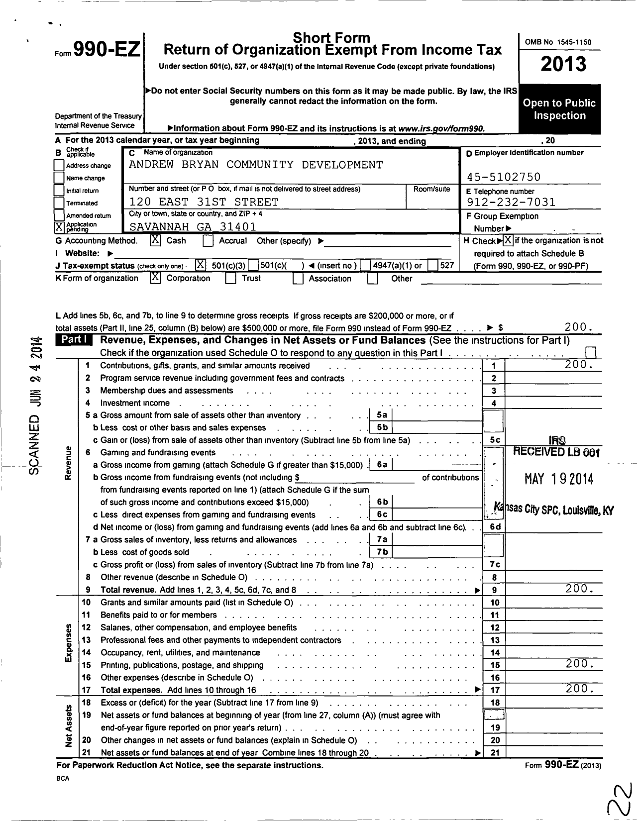 Image of first page of 2013 Form 990EZ for Andrew Bryan Community Development Corporation