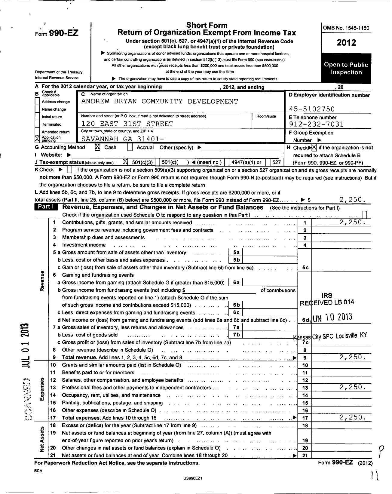 Image of first page of 2012 Form 990EZ for Andrew Bryan Community Development Corporation