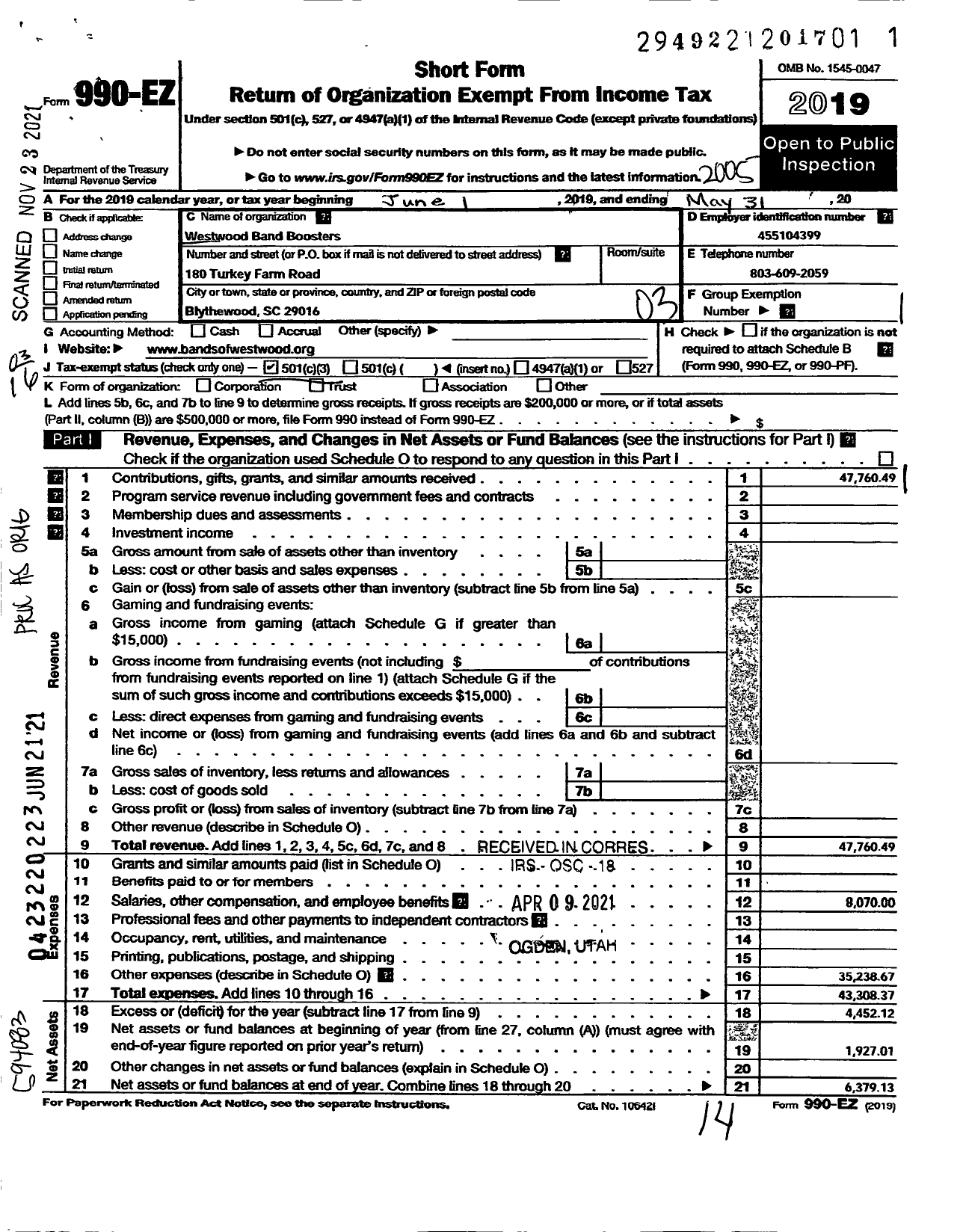 Image of first page of 2019 Form 990EZ for Westwood High School Band Boosters