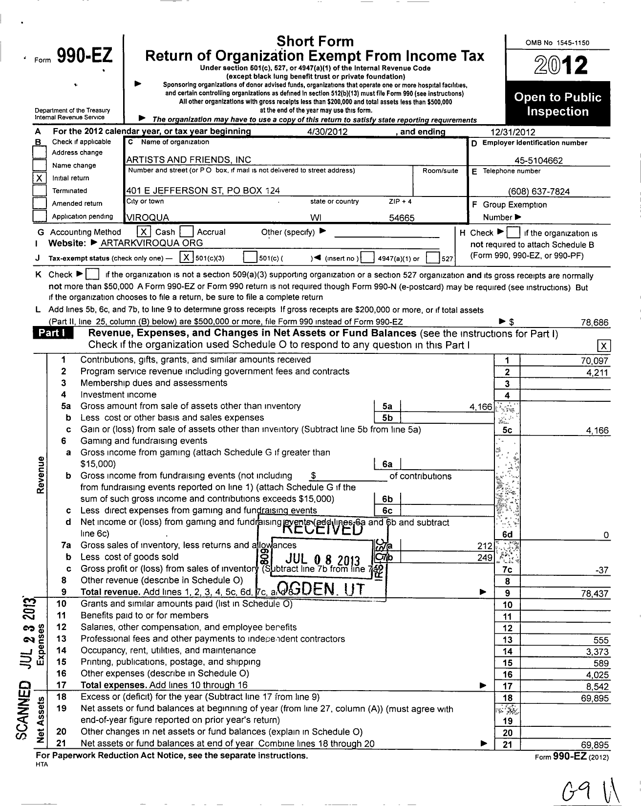 Image of first page of 2012 Form 990EZ for Artists and Friends