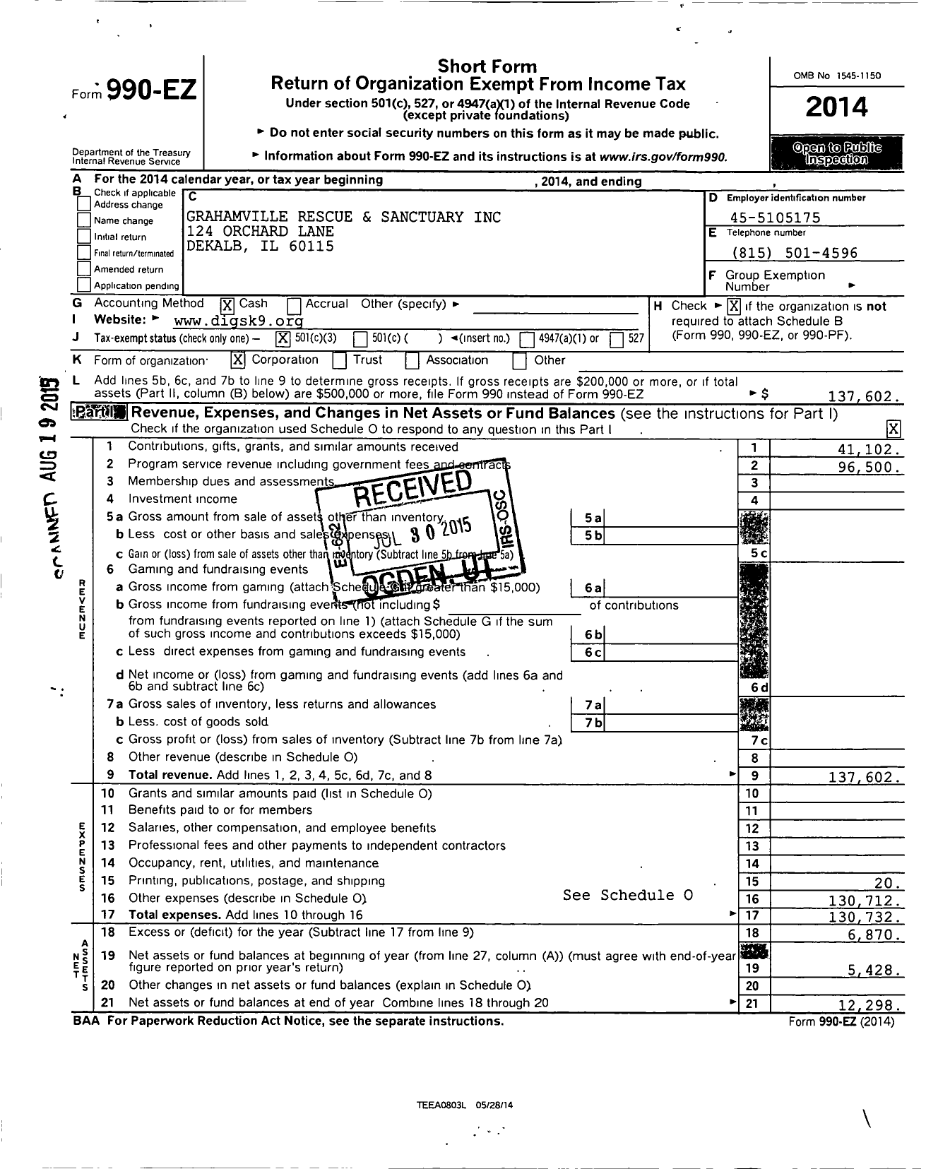 Image of first page of 2014 Form 990EZ for Grahamville Rescue and Sanctuary