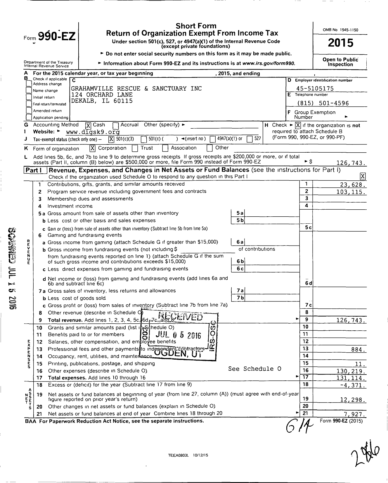 Image of first page of 2015 Form 990EZ for Grahamville Rescue and Sanctuary