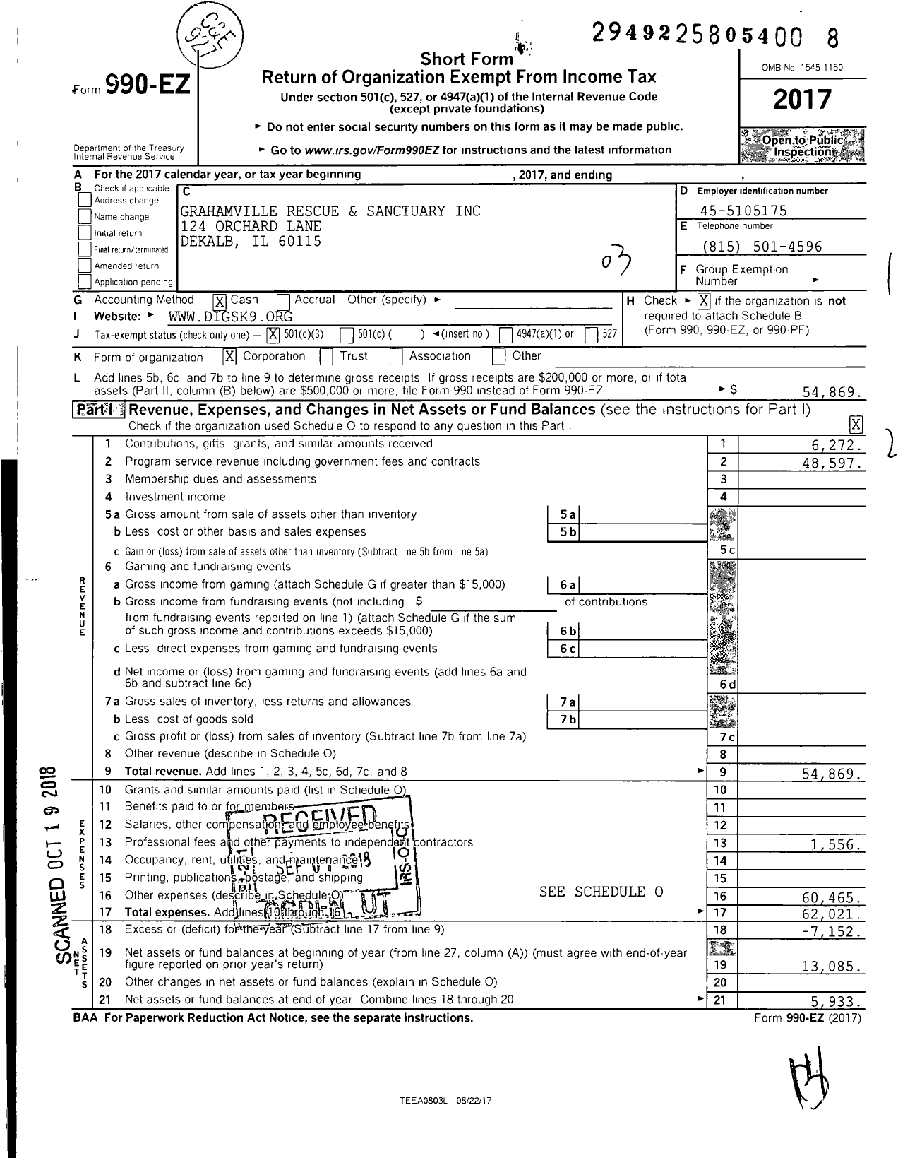 Image of first page of 2017 Form 990EZ for Grahamville Rescue and Sanctuary