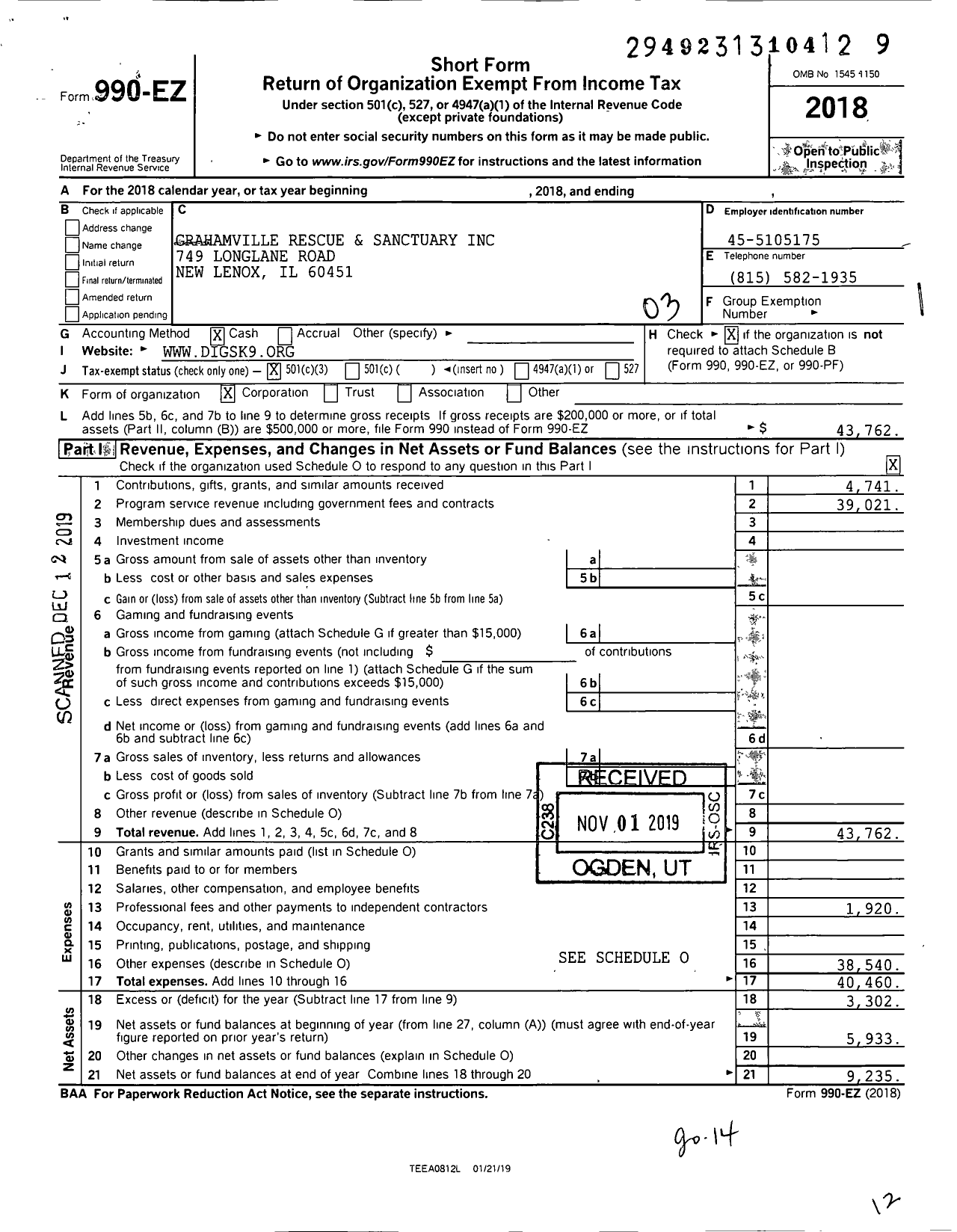 Image of first page of 2018 Form 990EZ for Grahamville Rescue and Sanctuary