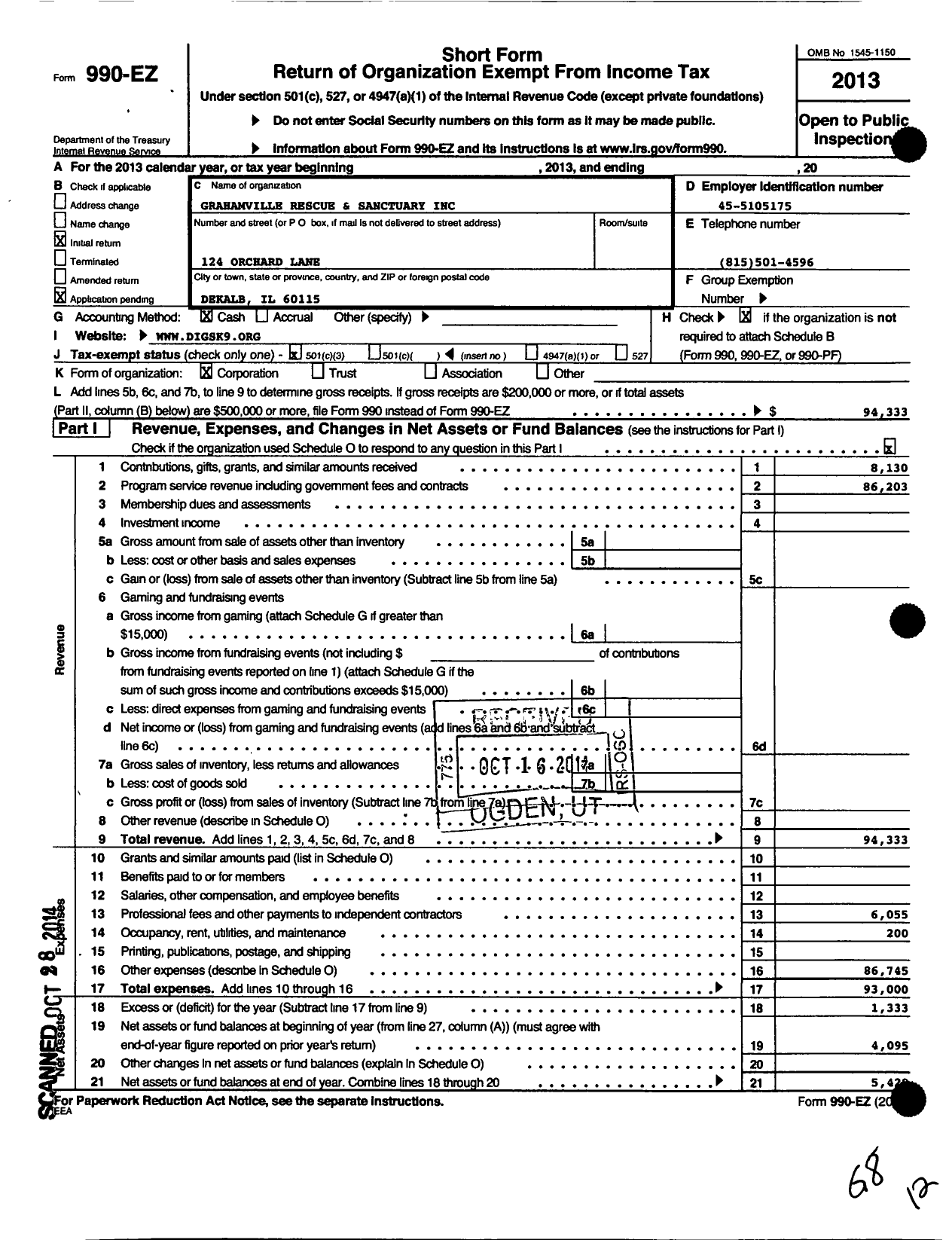 Image of first page of 2013 Form 990EZ for Grahamville Rescue and Sanctuary