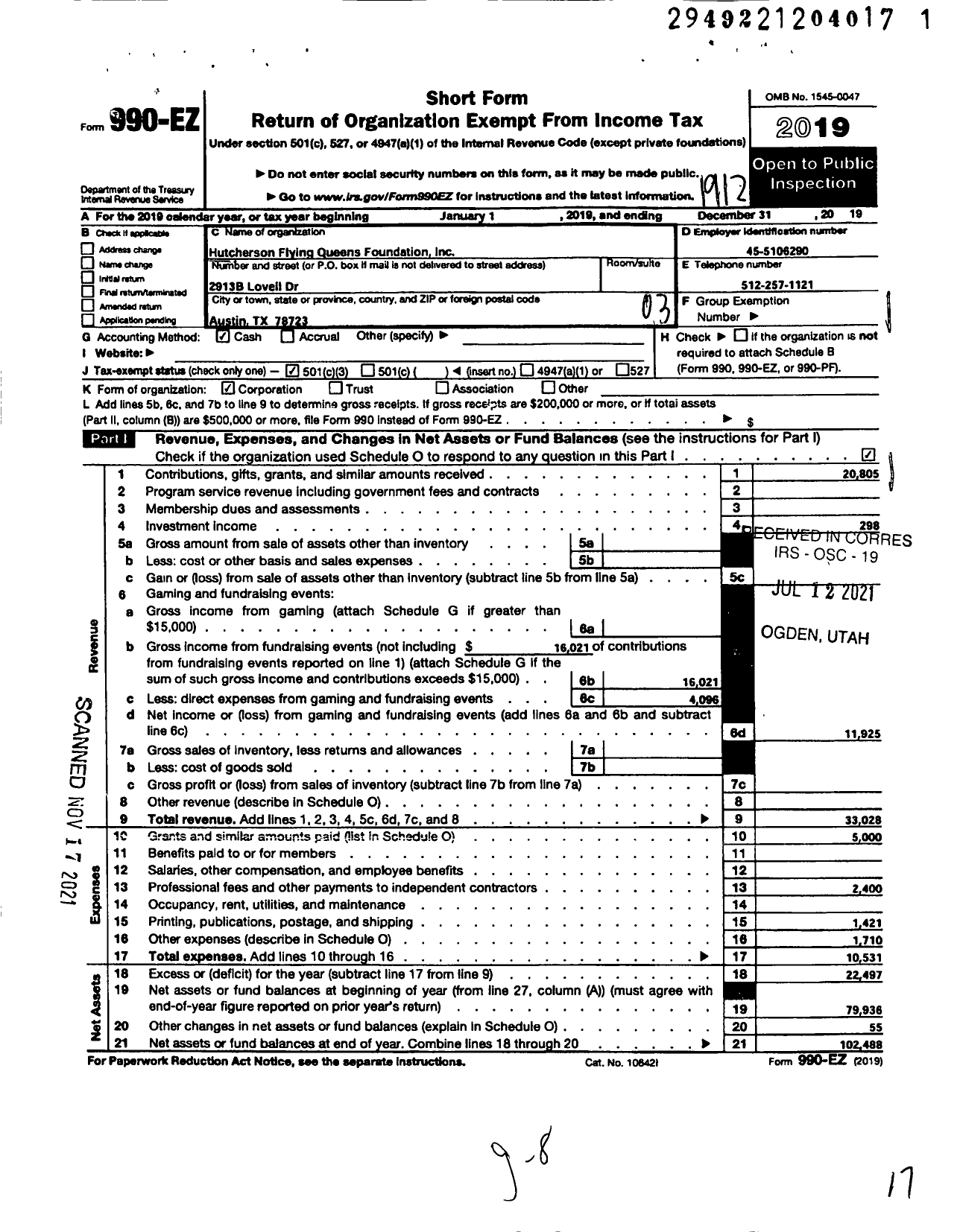 Image of first page of 2019 Form 990EZ for Hutcherson Flying Queens Foundation