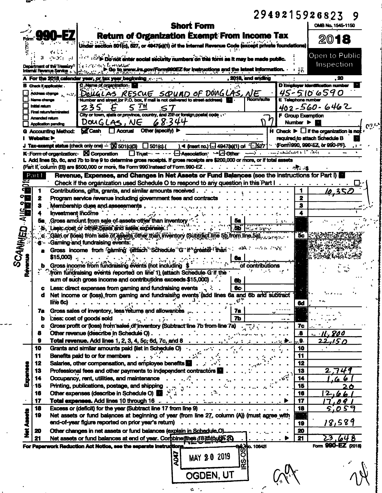 Image of first page of 2018 Form 990EZ for Douglas Rescue Squad