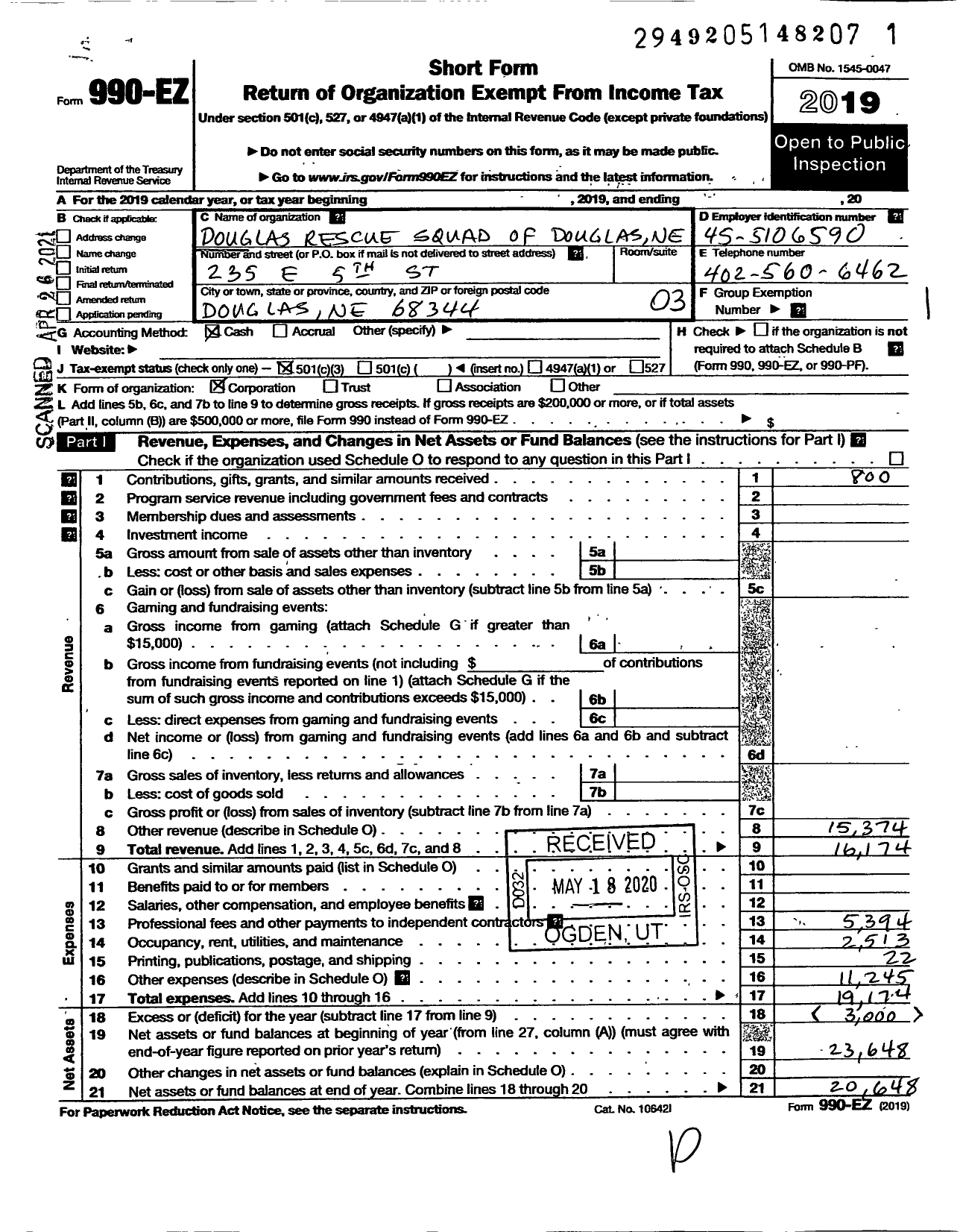 Image of first page of 2019 Form 990EZ for Douglas Rescue Squad of Douglas Nebraska