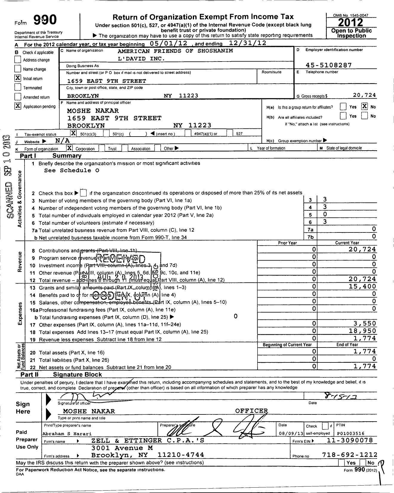 Image of first page of 2012 Form 990 for American Friends of Shoshanim L'david