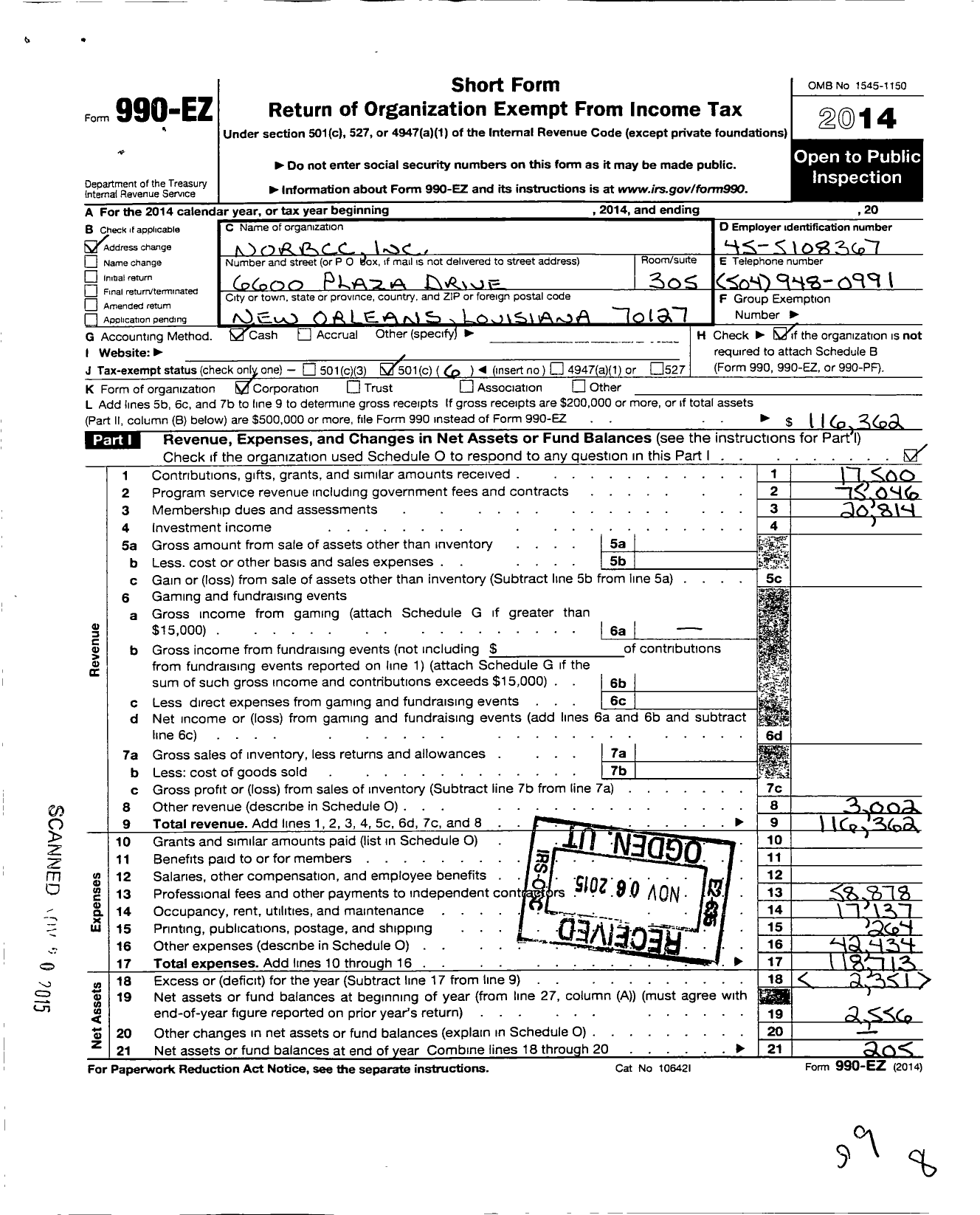 Image of first page of 2014 Form 990EO for Norbcc