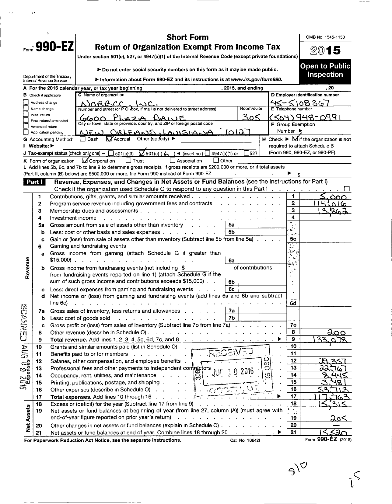 Image of first page of 2015 Form 990EO for Norbcc