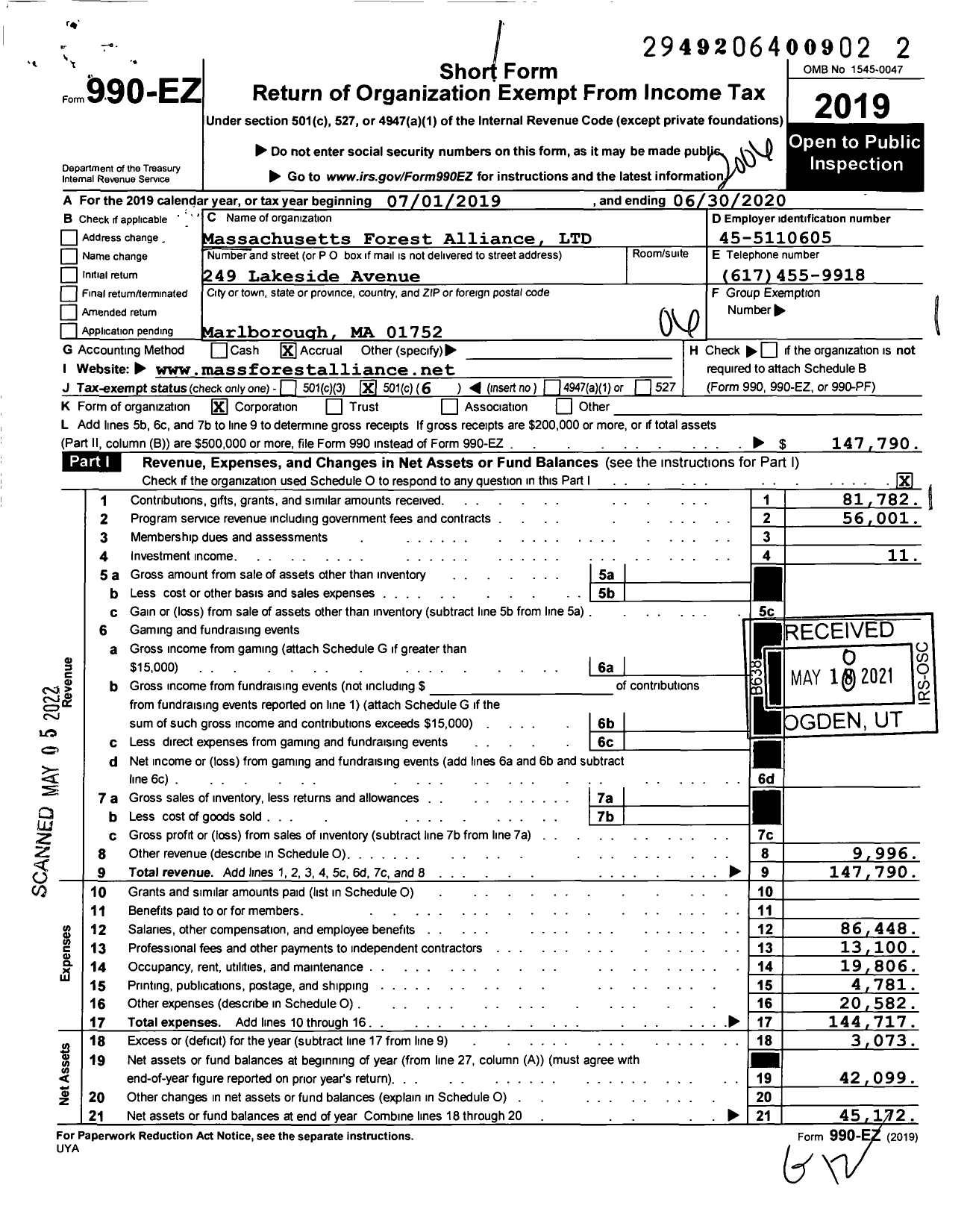 Image of first page of 2019 Form 990EO for Massachusetts Forest Alliance