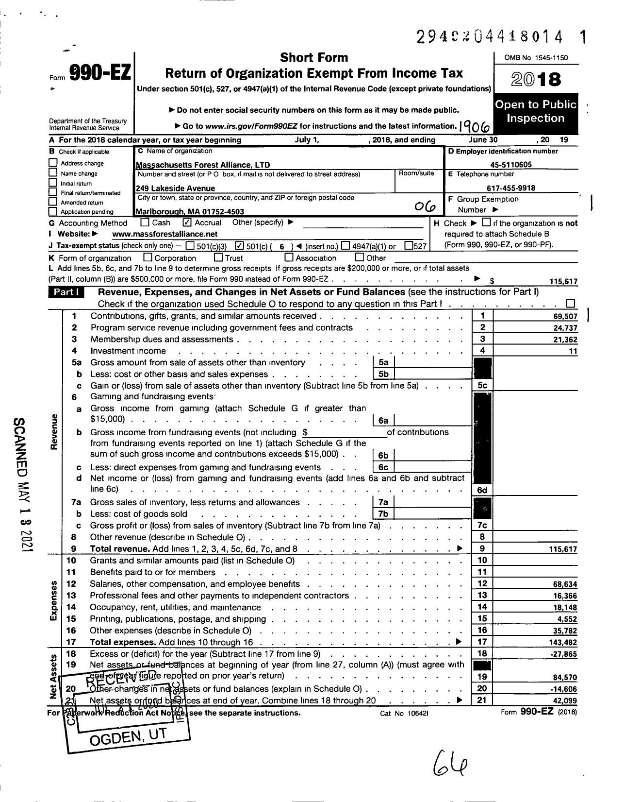 Image of first page of 2018 Form 990EO for Massachusetts Forest Alliance