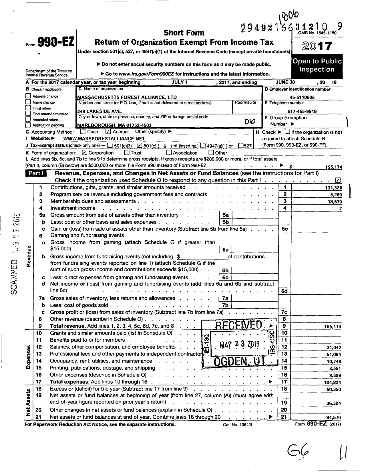 Image of first page of 2017 Form 990EO for Massachusetts Forest Alliance