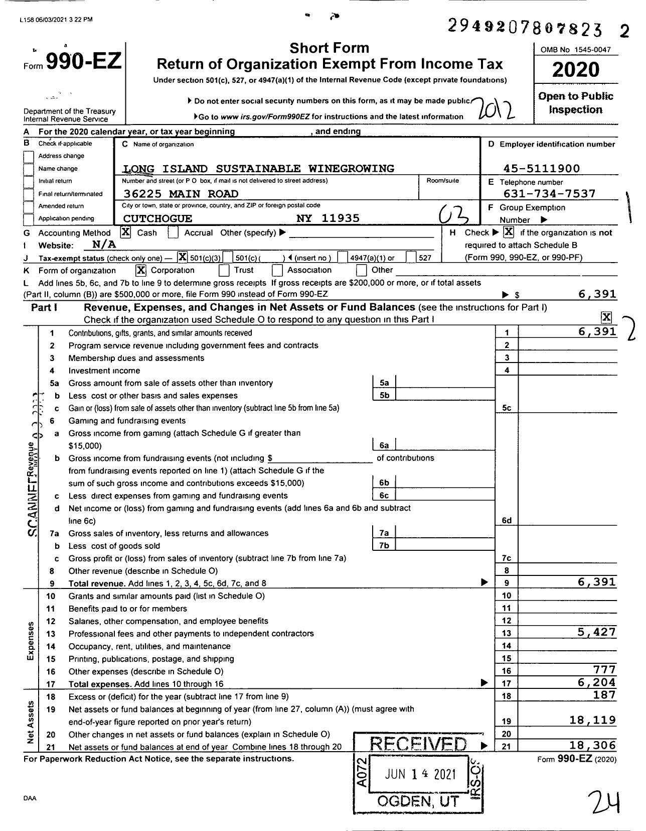 Image of first page of 2020 Form 990EZ for Long Island Sustainable Winegrowing