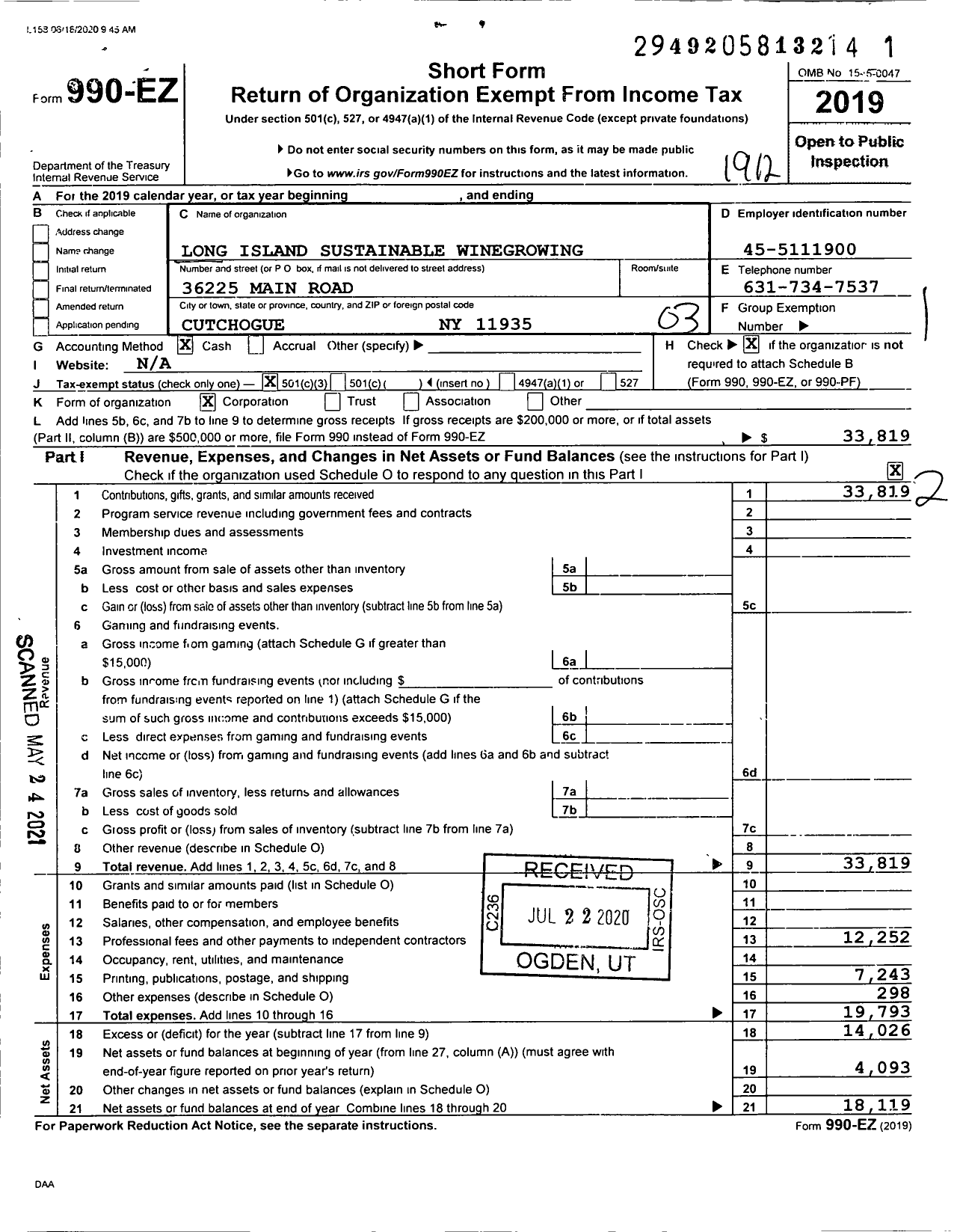 Image of first page of 2019 Form 990EZ for Long Island Sustainable Winegrowing