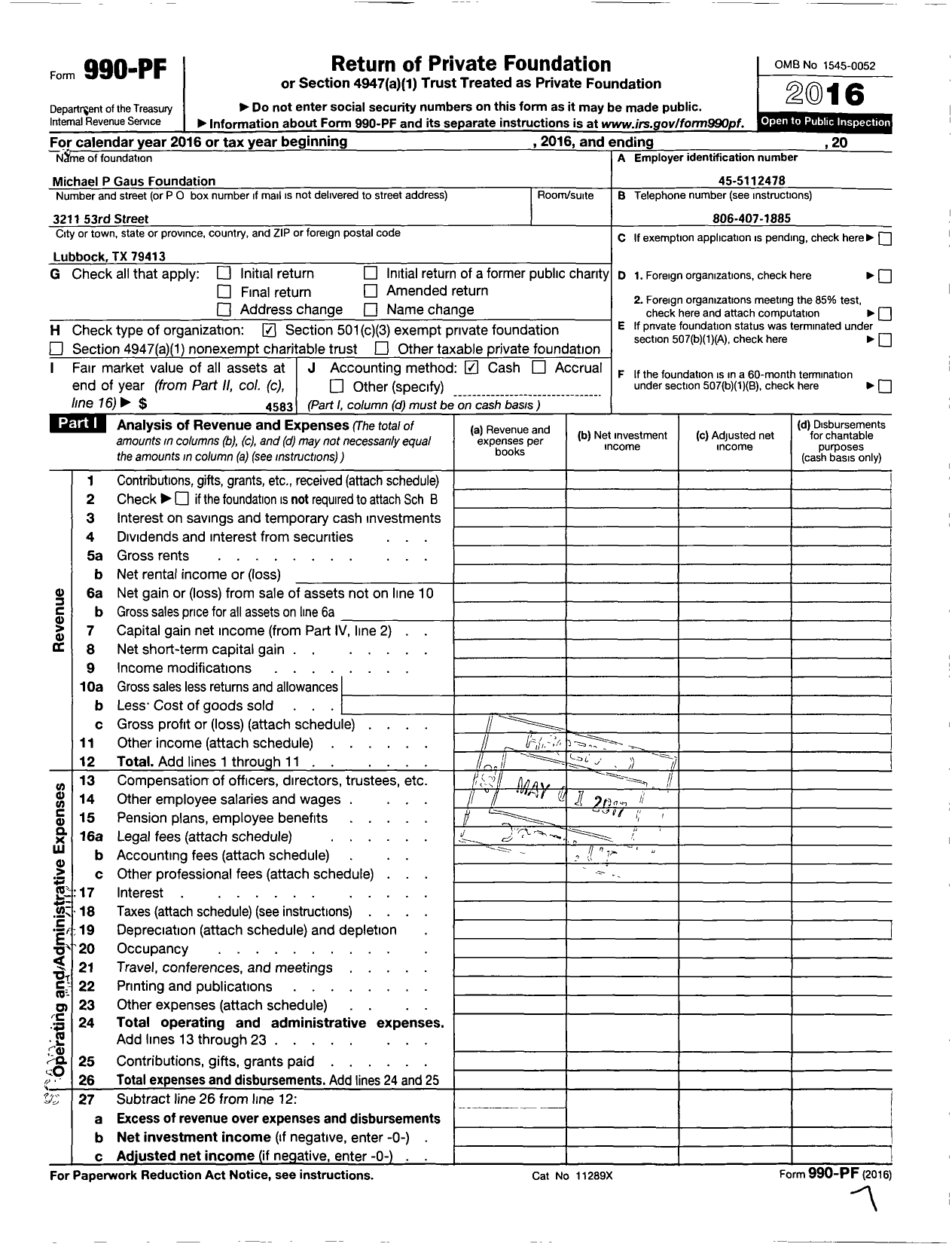 Image of first page of 2016 Form 990PF for Michael P Gaus Foundation