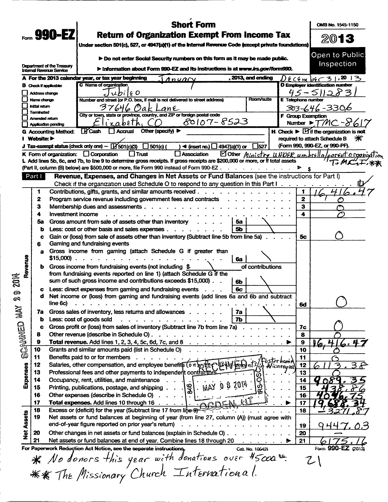 Image of first page of 2013 Form 990EZ for Jubileo