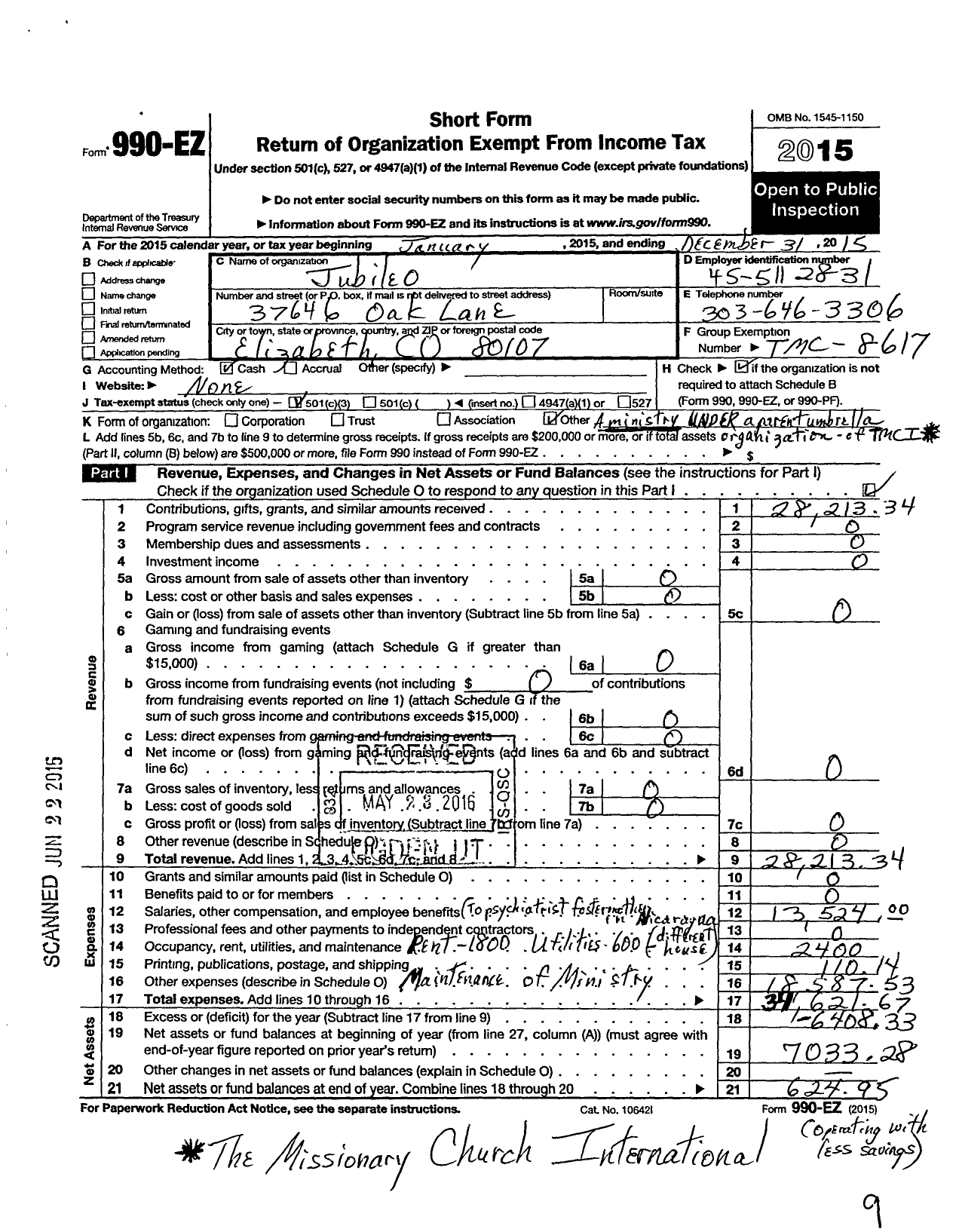 Image of first page of 2015 Form 990EZ for Jubileo