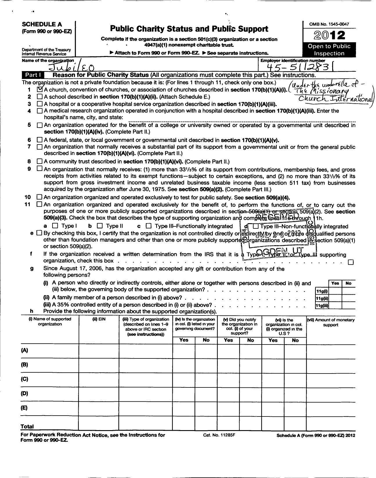 Image of first page of 2012 Form 990ER for Jubileo