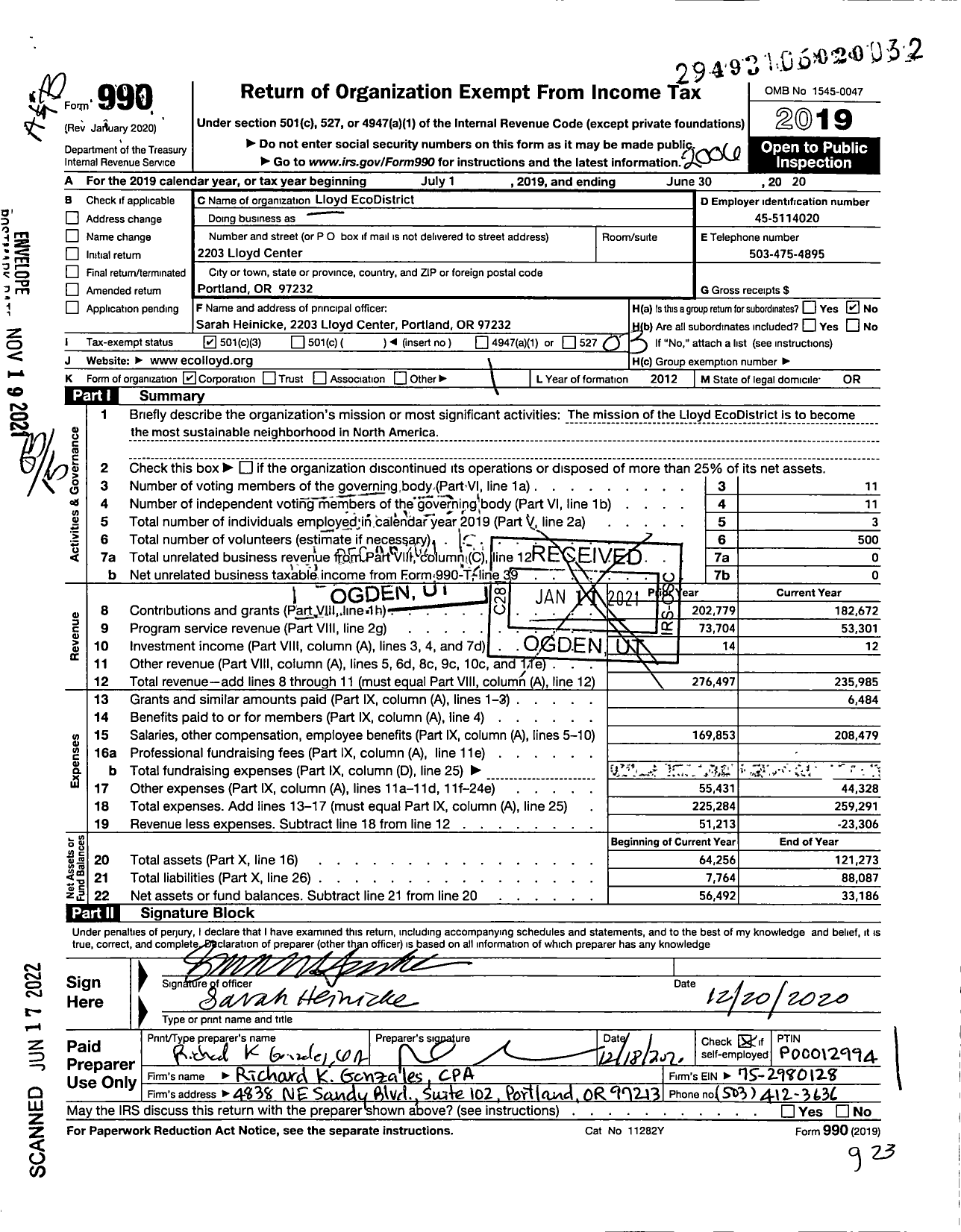 Image of first page of 2019 Form 990 for Lloyd Ecodistrict
