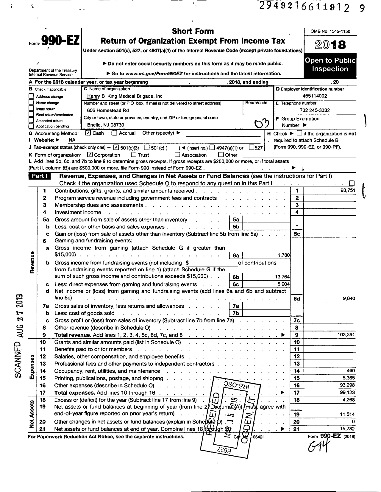 Image of first page of 2018 Form 990EZ for Henry B King Medical Brigade