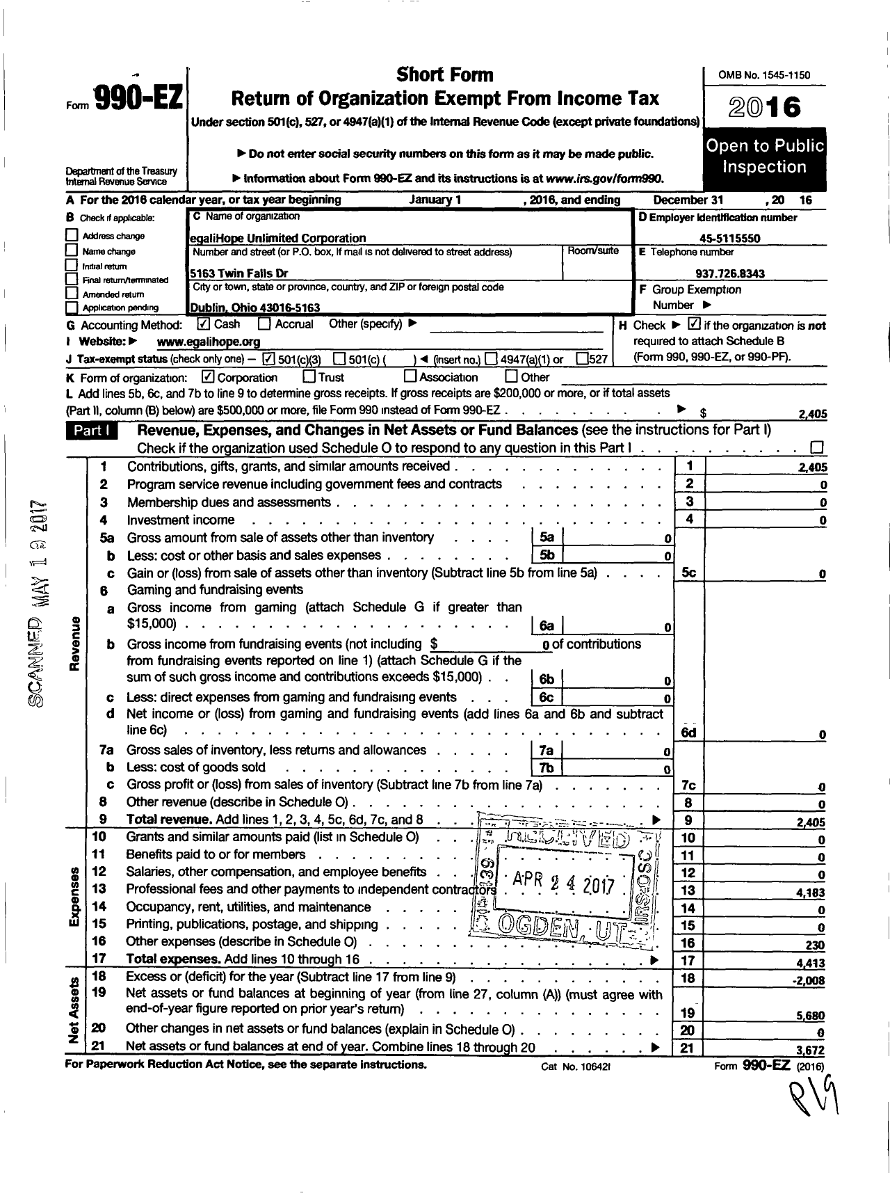 Image of first page of 2016 Form 990EZ for Egalihope Unlimited Corporation