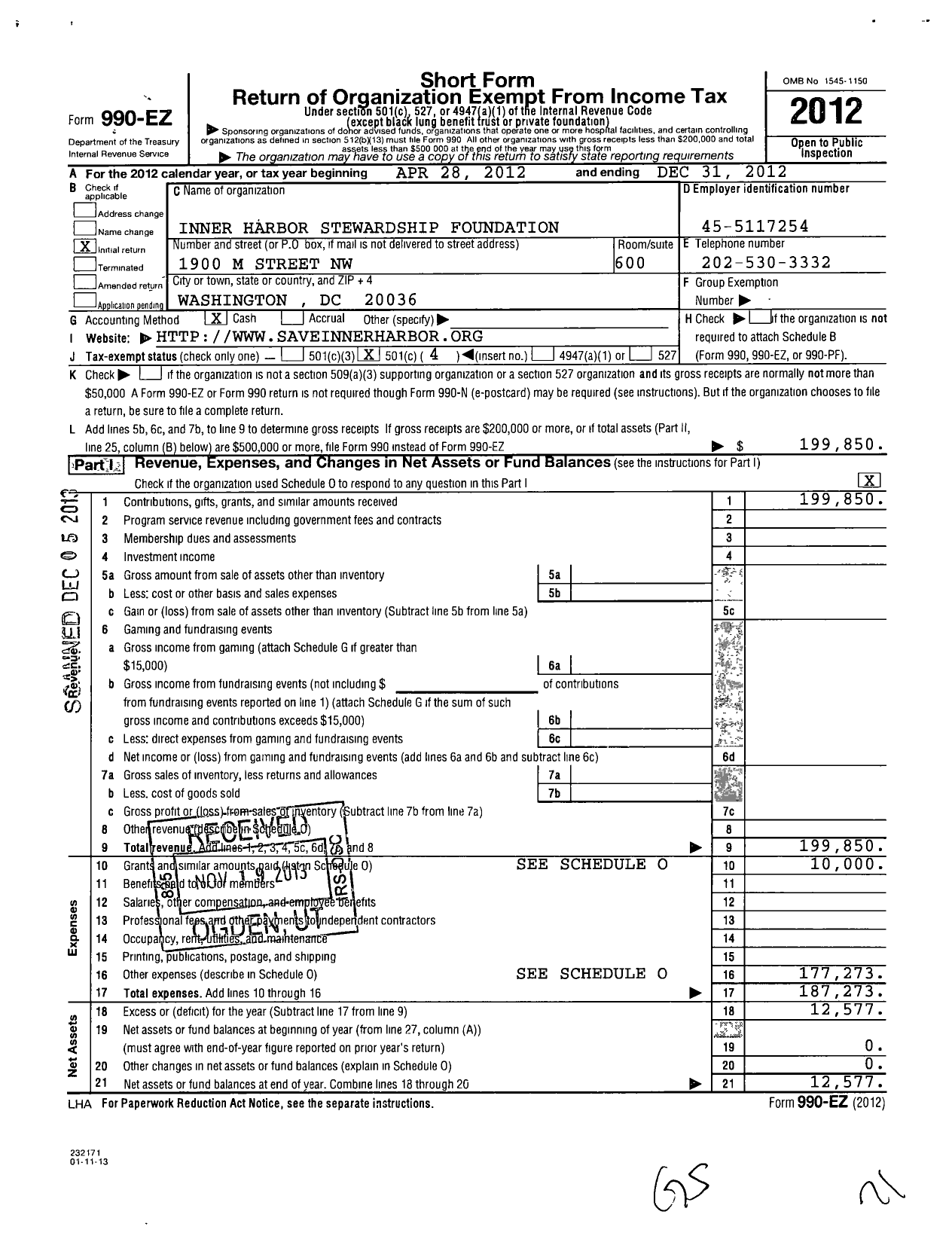 Image of first page of 2012 Form 990EO for Inner Harbor Stewardship Foundation