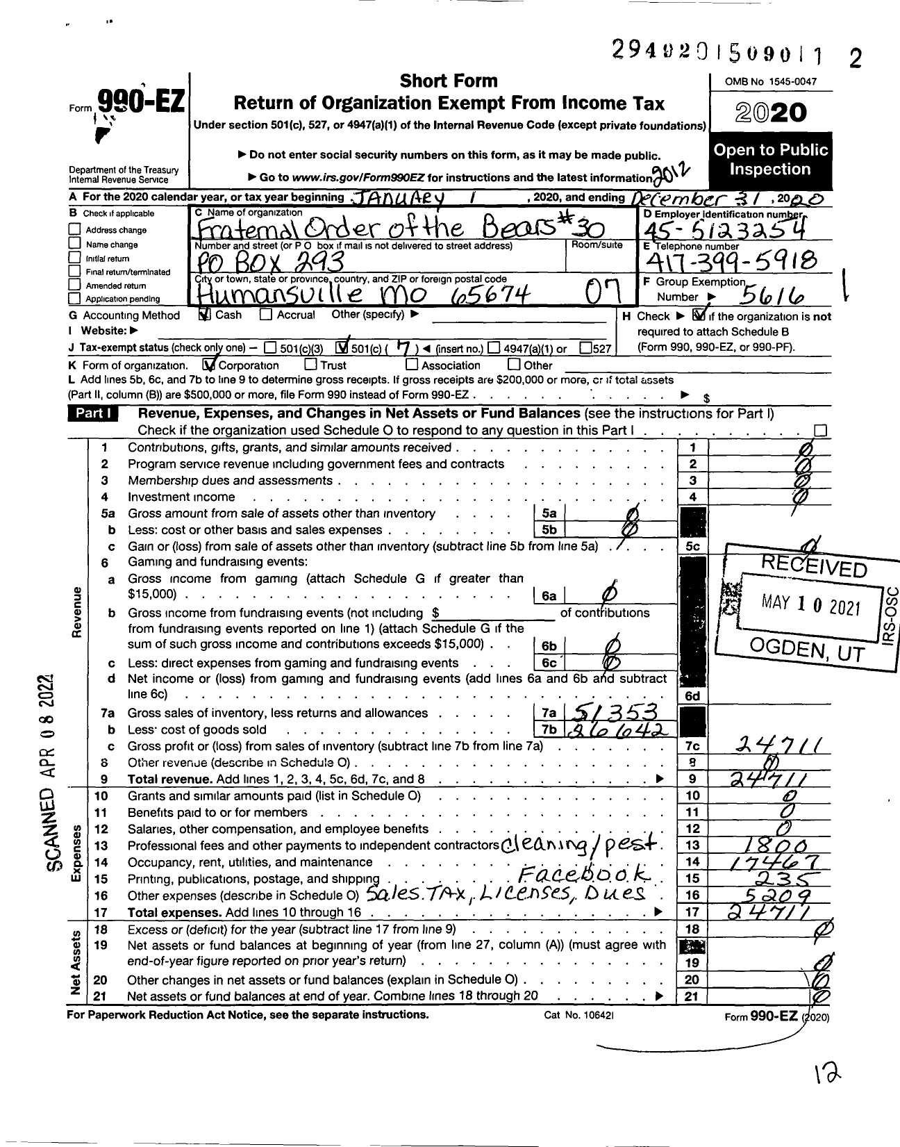 Image of first page of 2020 Form 990EO for Fraternal Order of the Bears - 30 Fraternal Order of the Bears